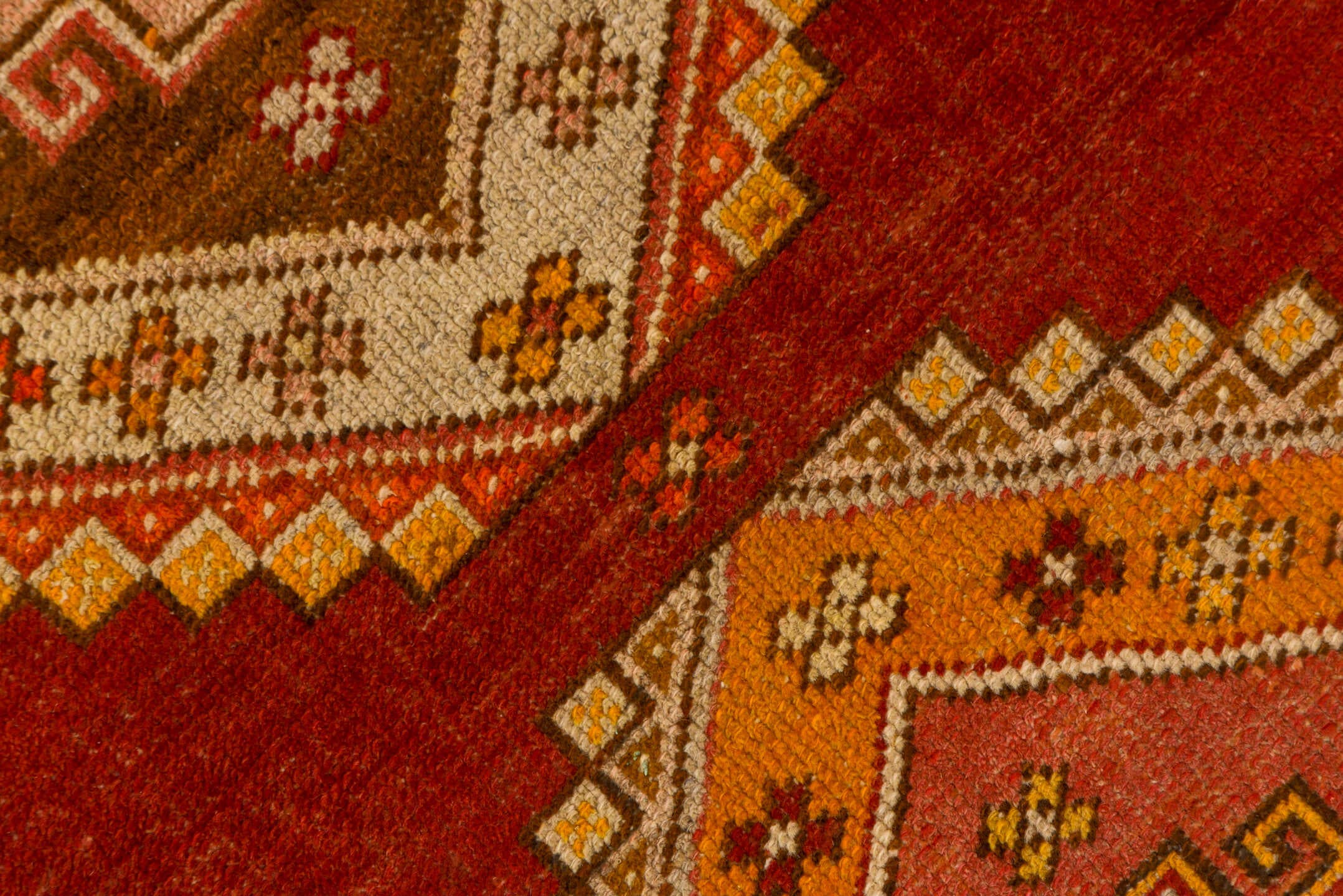 3' x 11' one-of-a-kind handmade vintage Oushak runner rug. Color palette: red, ivory, orange, gold, rose, taupe, rust