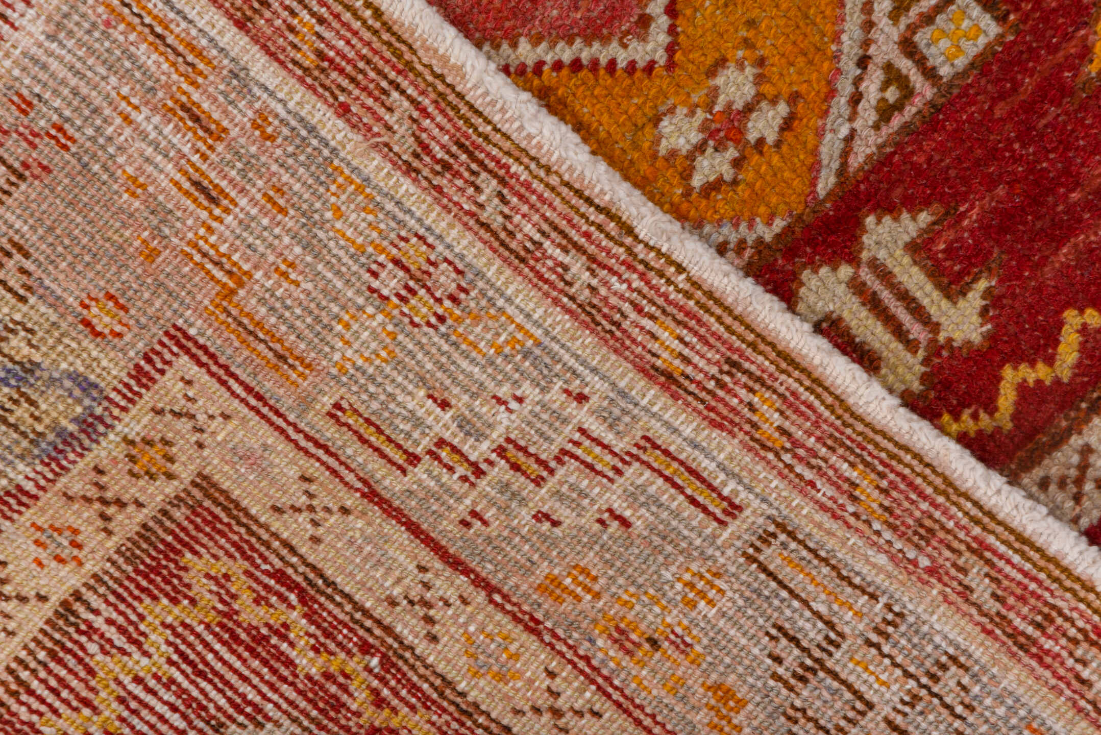 3' x 11' one-of-a-kind handmade vintage Oushak runner rug. Color palette: red, ivory, orange, gold, rose, taupe, rust