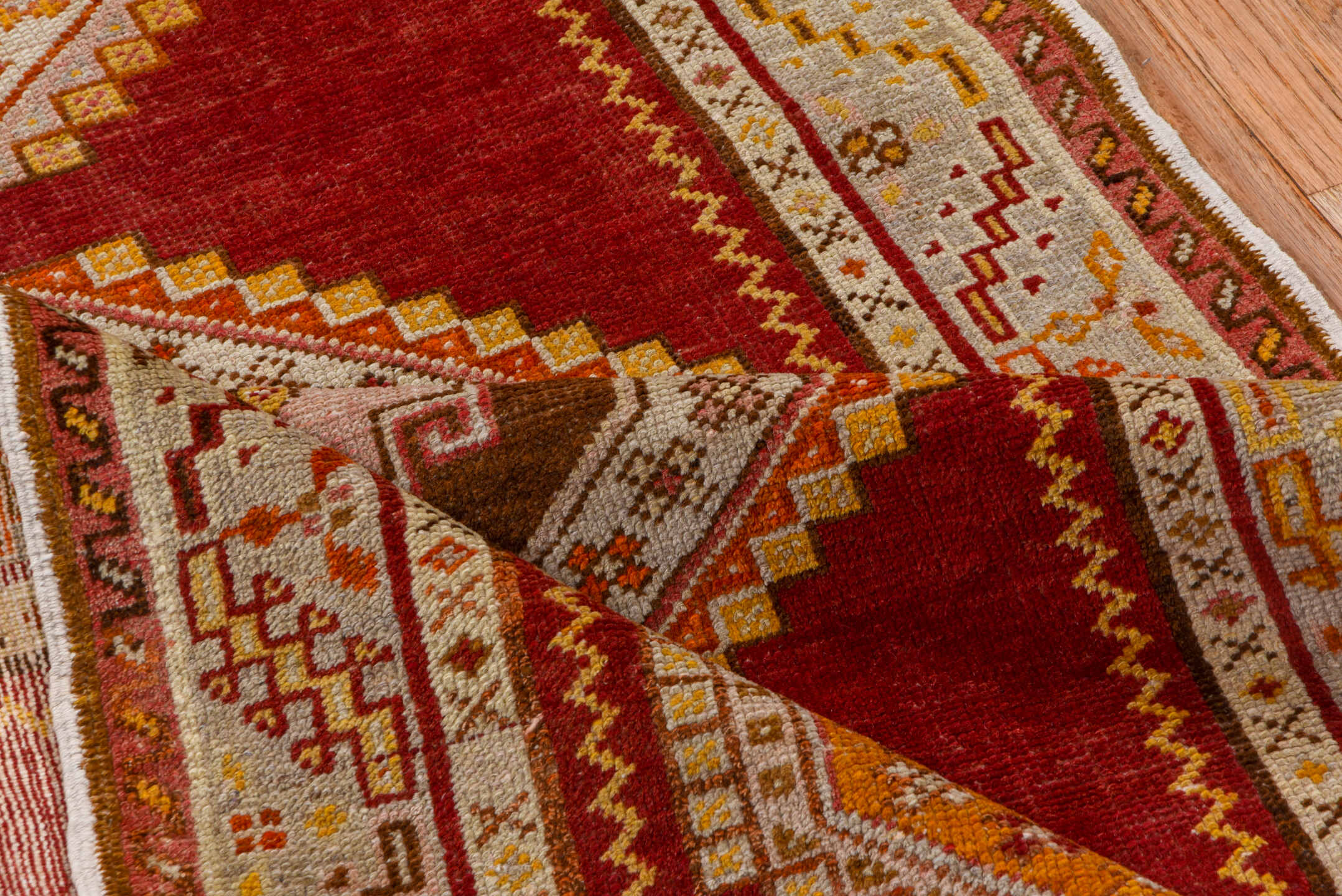 3' x 11' one-of-a-kind handmade vintage Oushak runner rug. Color palette: red, ivory, orange, gold, rose, taupe, rust