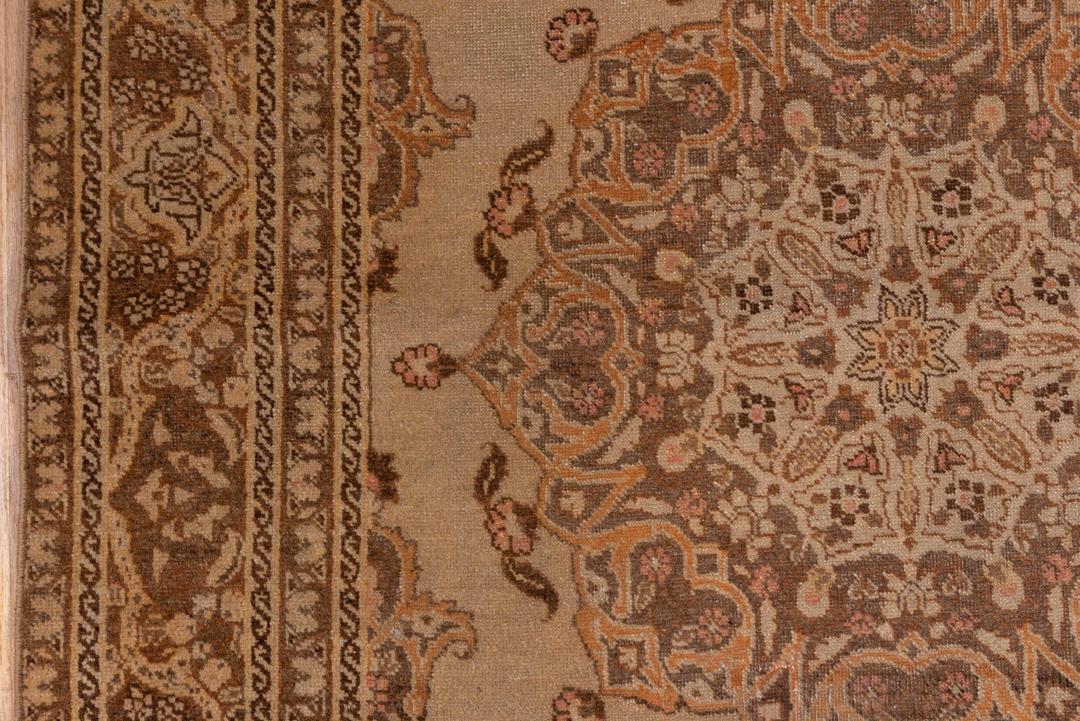 3' x 5' one-of-a-kind handmade vintage Tabriz small size rug. Color palette: camel, taupe, brown, ivory, beige, rose, gray