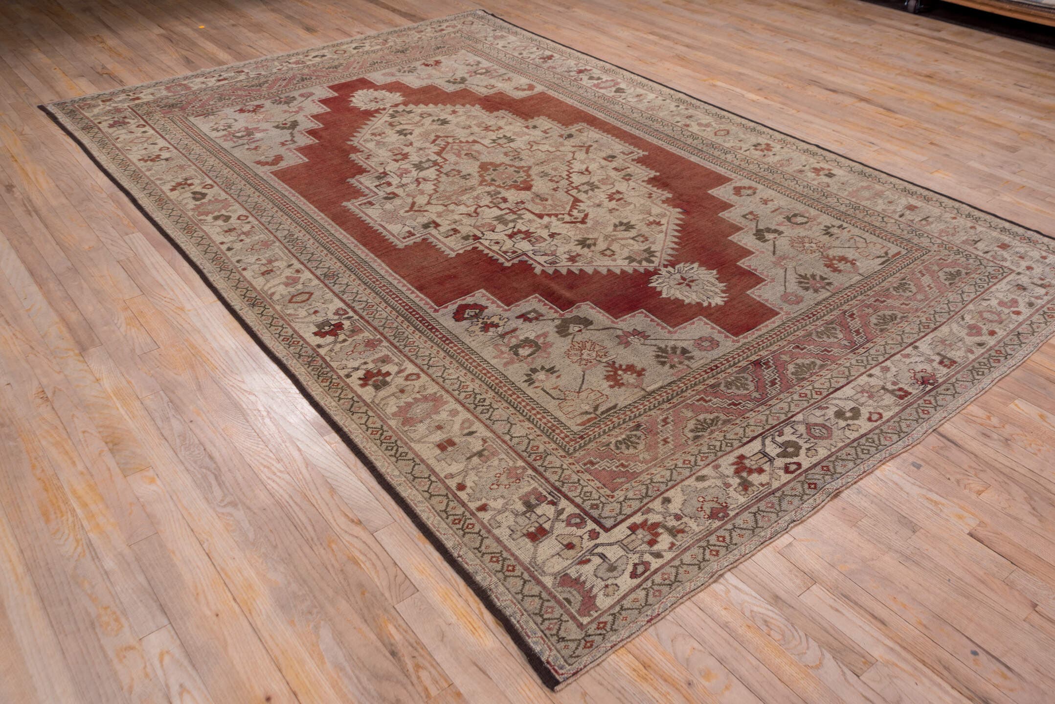 7' x 12' one-of-a-kind handmade vintage Oushak large size rug. Color palette: terra cotta, ivory, rose, taupe, sage