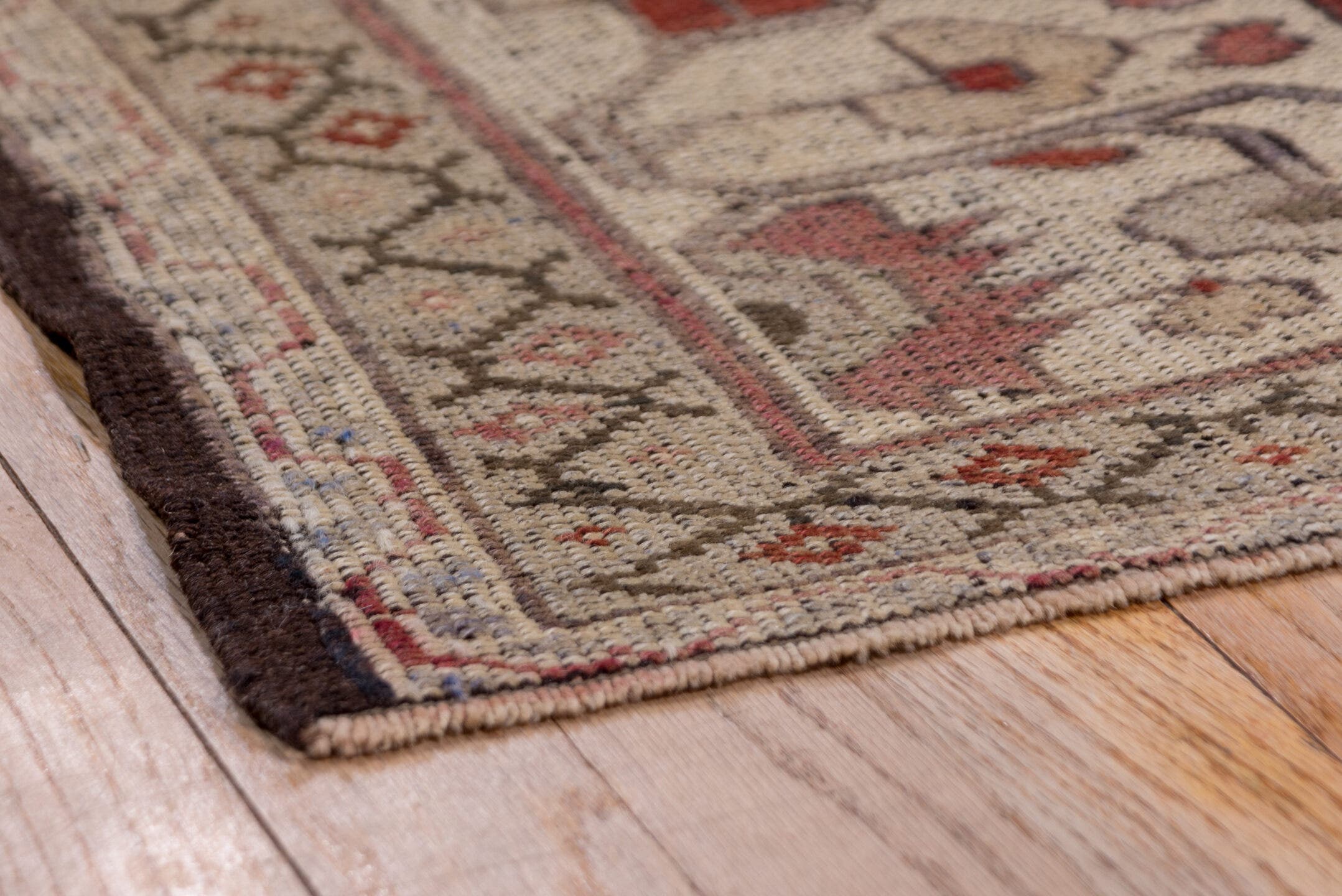 7' x 12' one-of-a-kind handmade vintage Oushak large size rug. Color palette: terra cotta, ivory, rose, taupe, sage