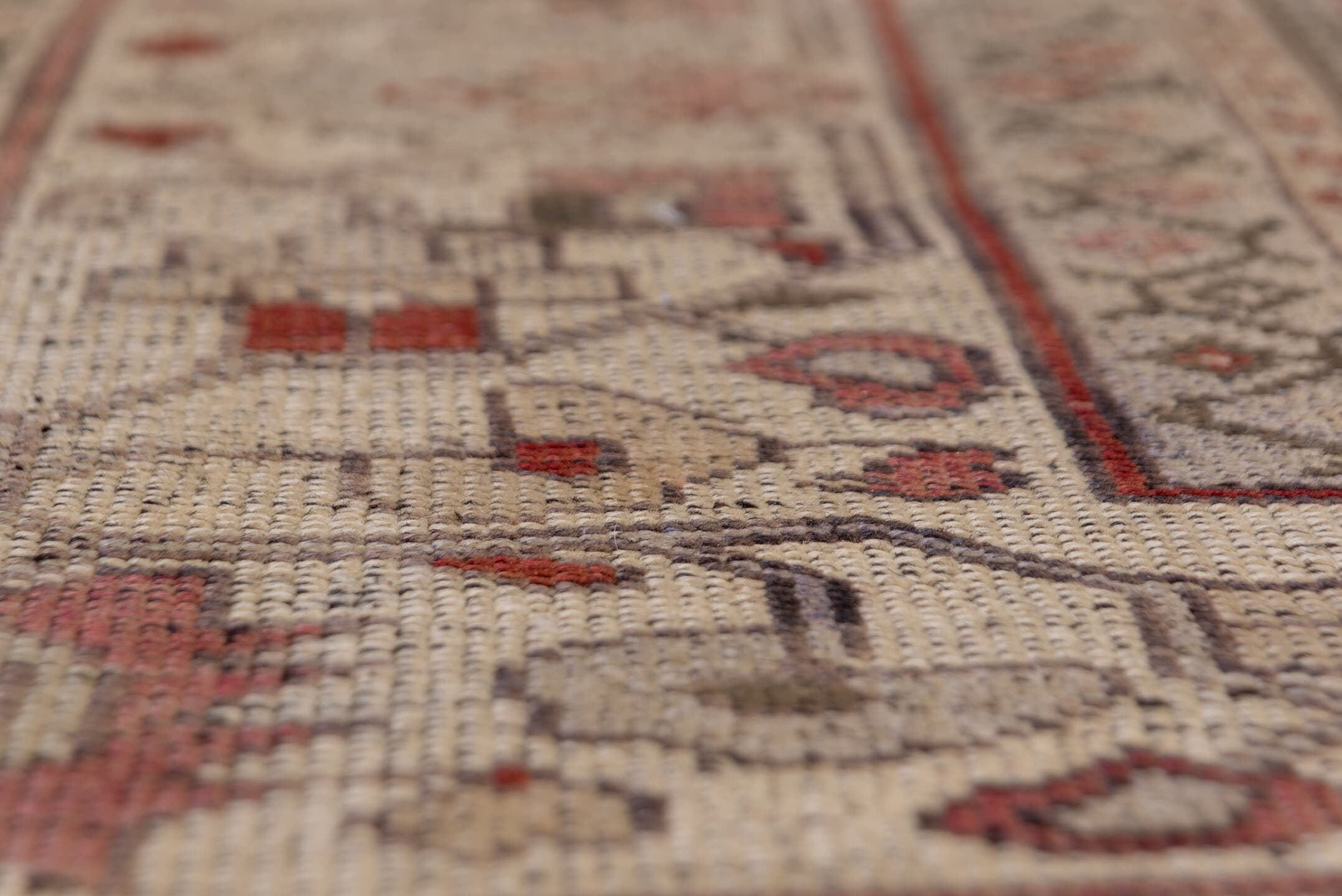 7' x 12' one-of-a-kind handmade vintage Oushak large size rug. Color palette: terra cotta, ivory, rose, taupe, sage