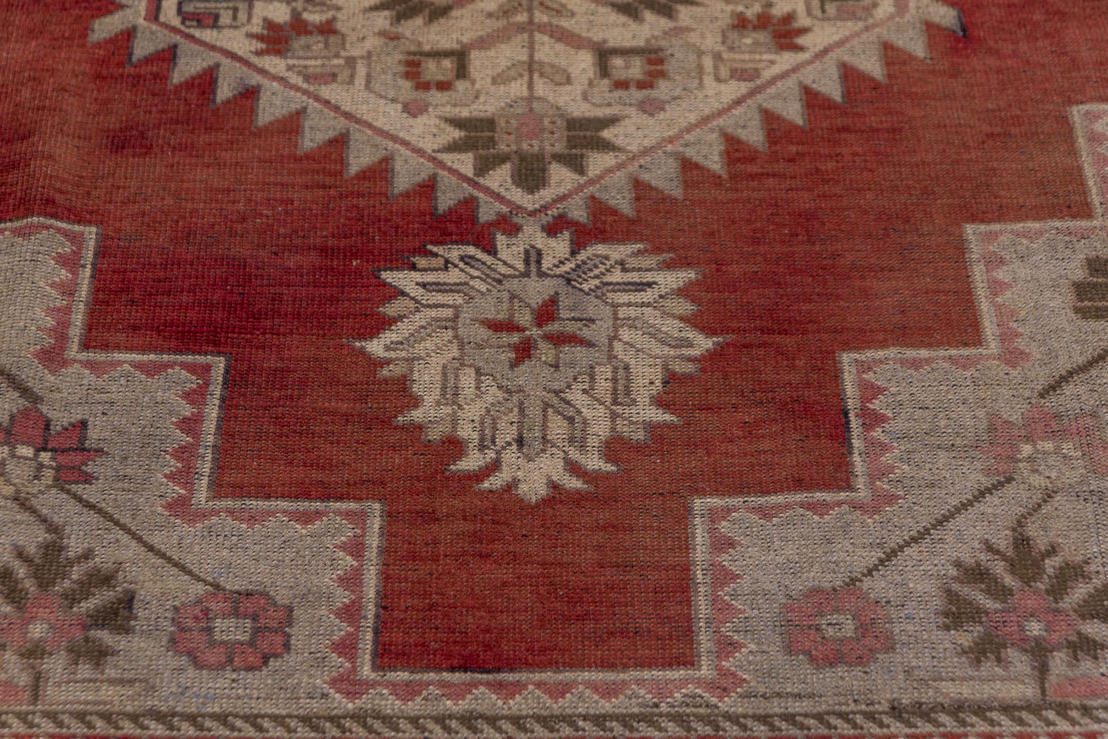 7' x 12' one-of-a-kind handmade vintage Oushak large size rug. Color palette: terra cotta, ivory, rose, taupe, sage