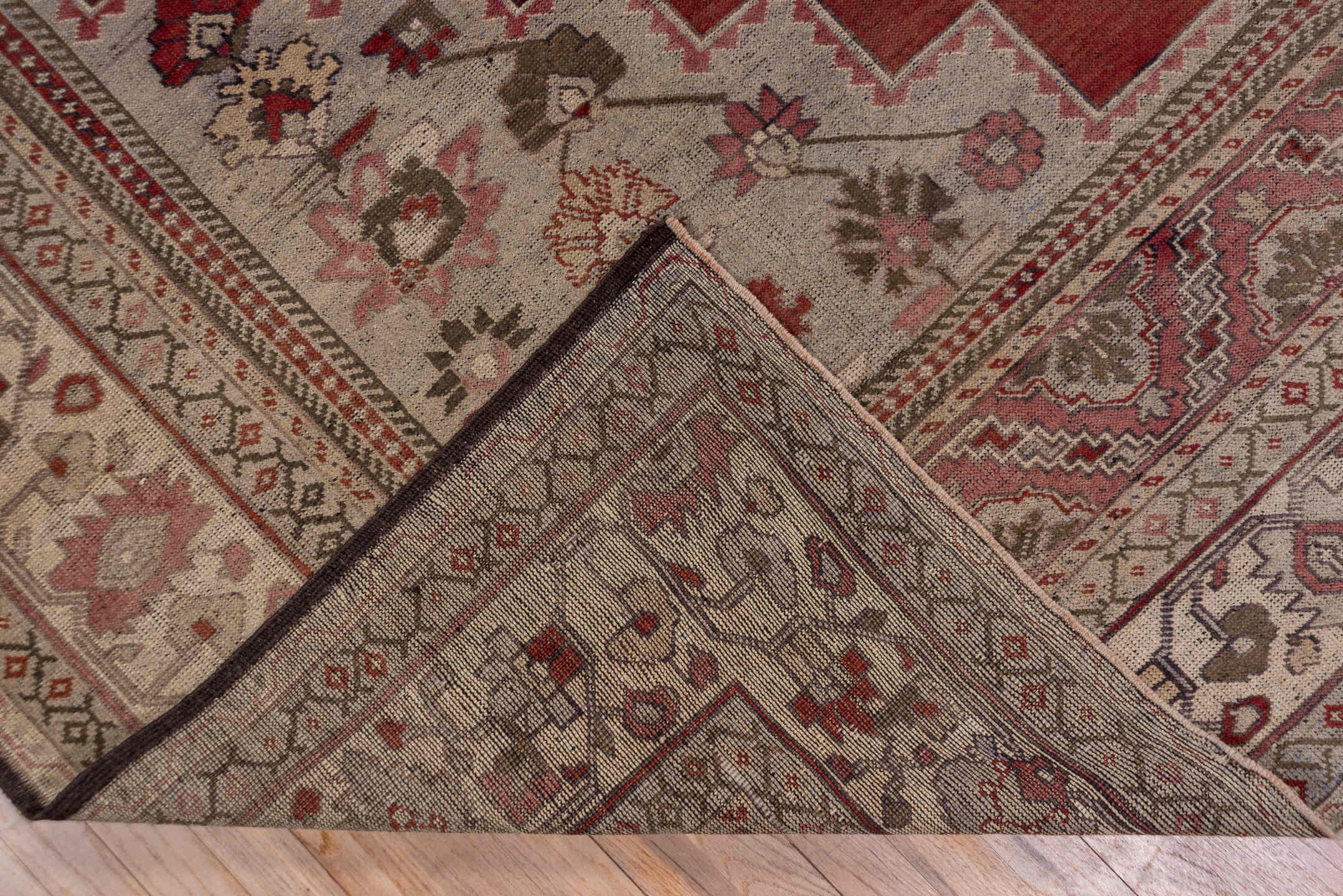 7' x 12' one-of-a-kind handmade vintage Oushak large size rug. Color palette: brown, gray, pink, red, redwood