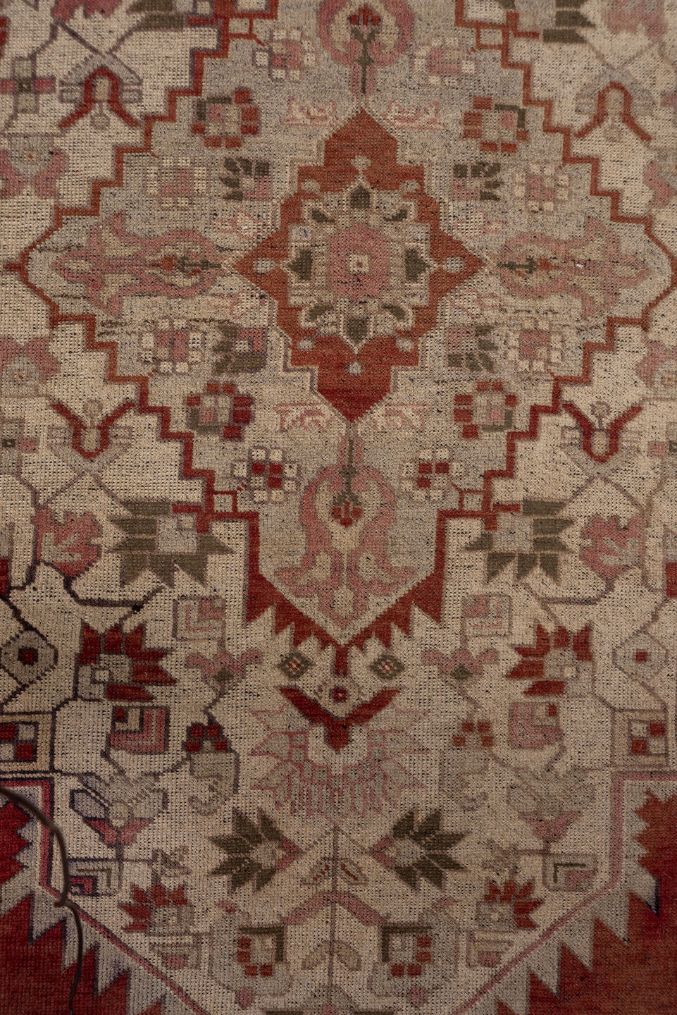 7' x 12' one-of-a-kind handmade vintage Oushak large size rug. Color palette: terra cotta, ivory, rose, taupe, sage