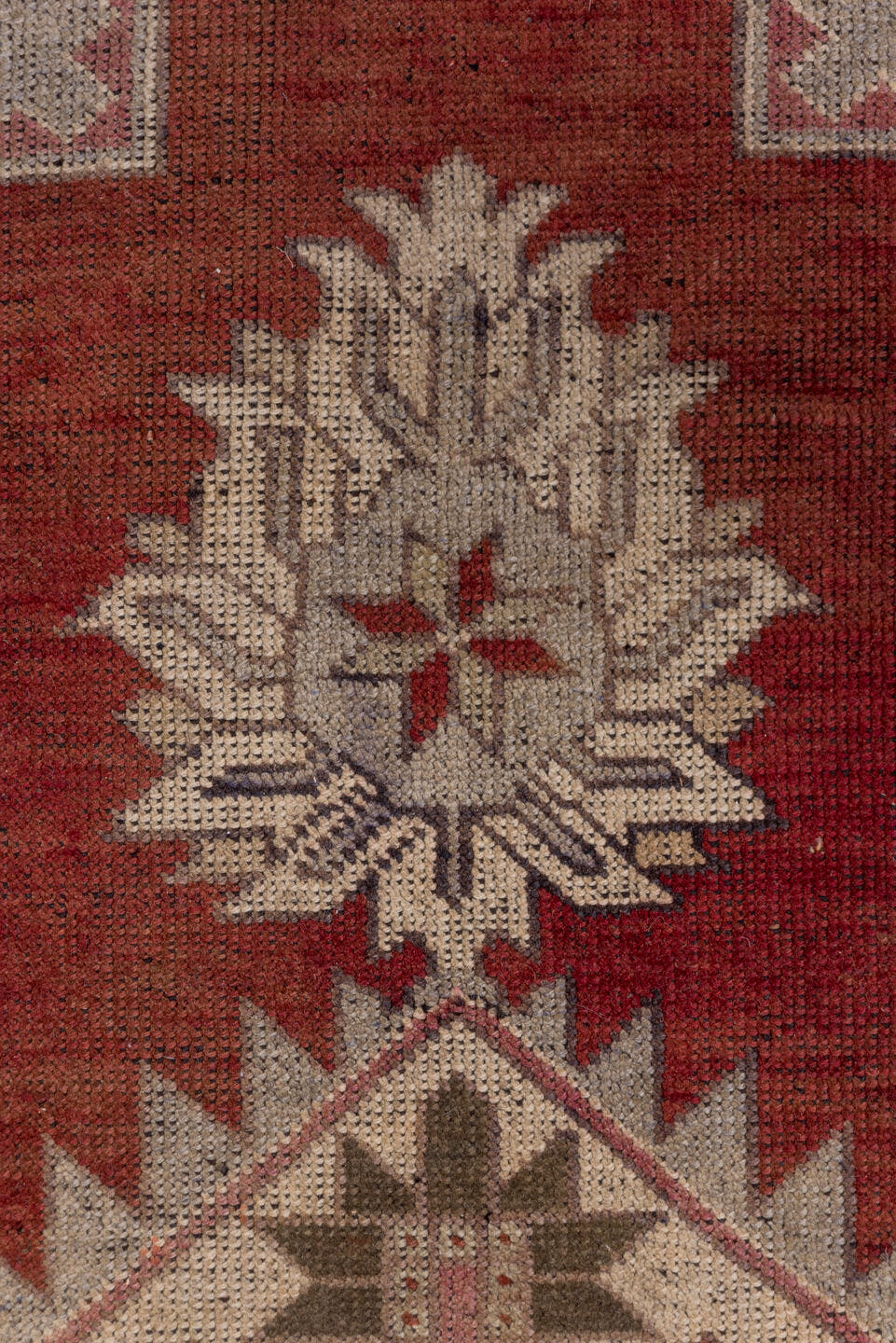 7' x 12' one-of-a-kind handmade vintage Oushak large size rug. Color palette: terra cotta, ivory, rose, taupe, sage