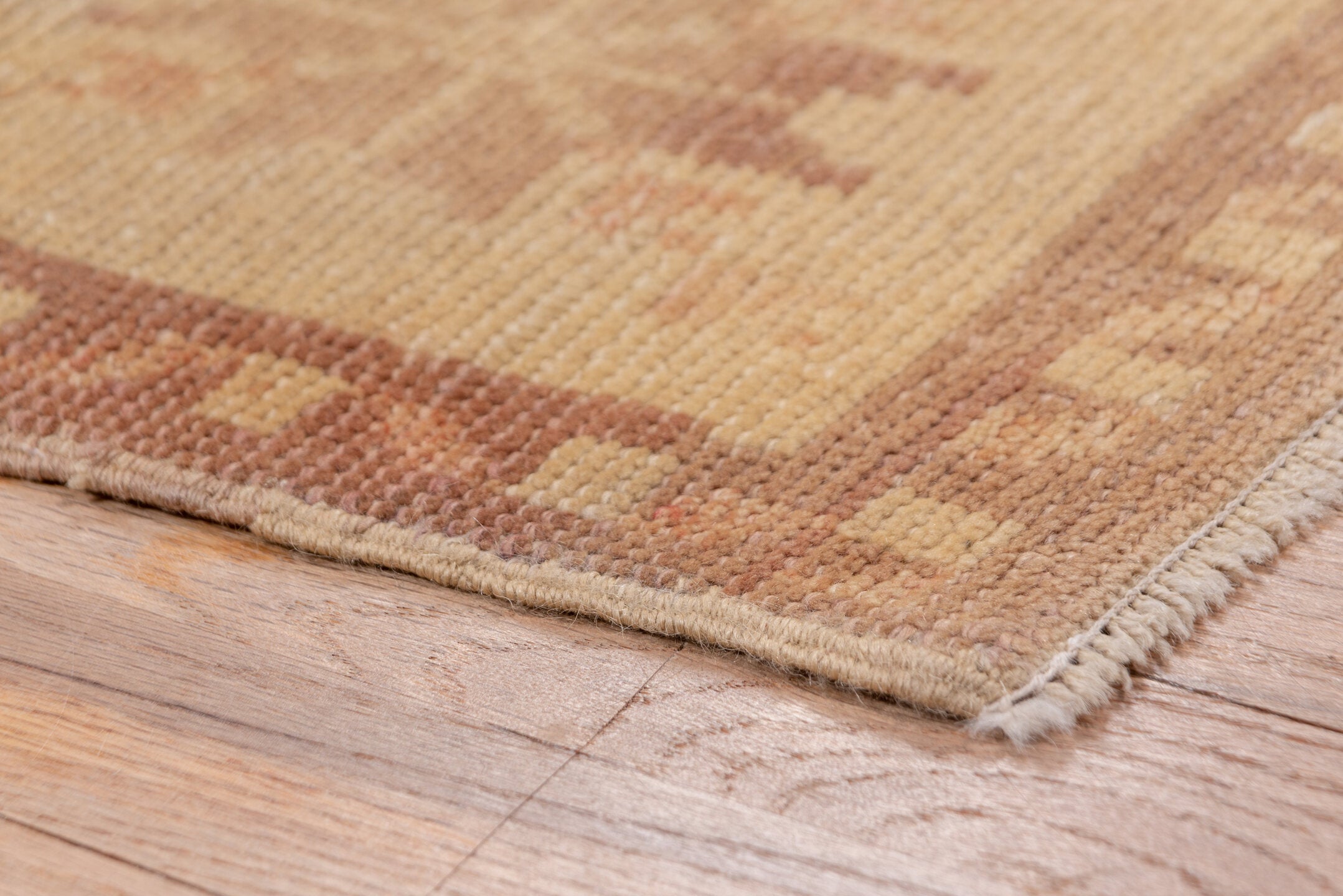 3' x 10' one-of-a-kind handmade vintage Tulu runner rug. Color palette: brown, pink, tan