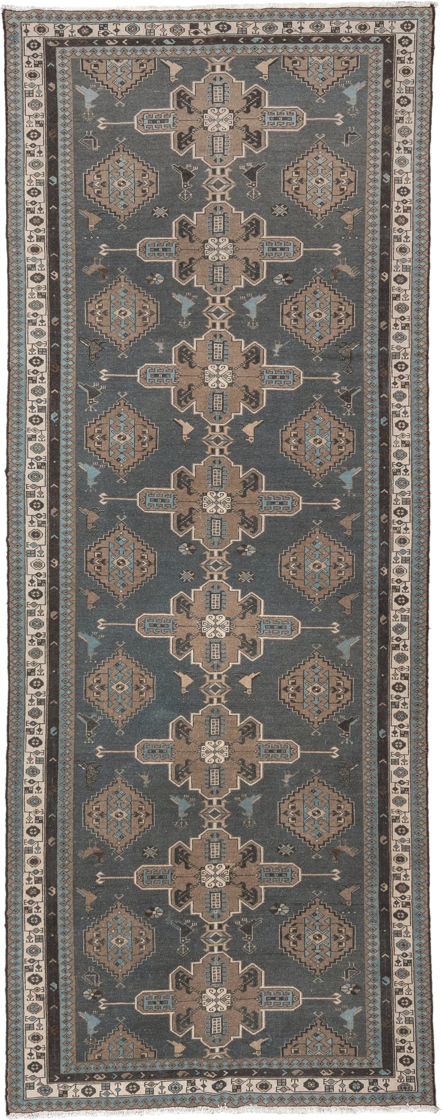 4' x 12' one-of-a-kind handmade vintage Malayer runner rug. Color palette: charcoal, taupe, ivory, sky blue, brown, slate