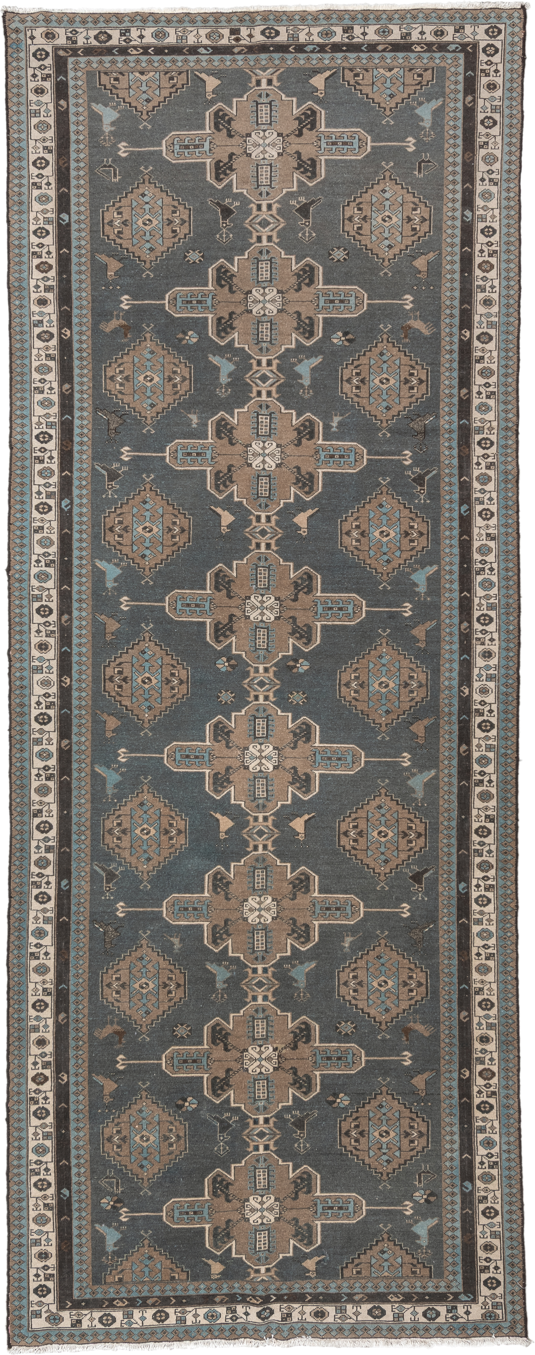 4' x 12' one-of-a-kind handmade vintage Malayer runner rug. Color palette: charcoal, taupe, ivory, sky blue, brown, slate