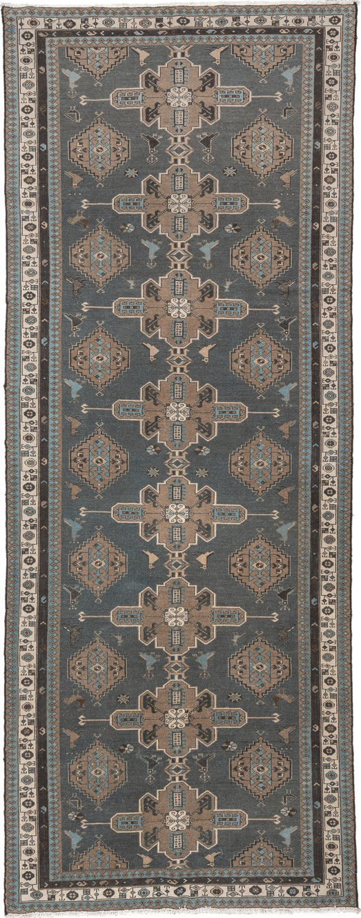 4' x 12' one-of-a-kind handmade vintage Malayer runner rug. Color palette: charcoal, taupe, ivory, sky blue, brown, slate
