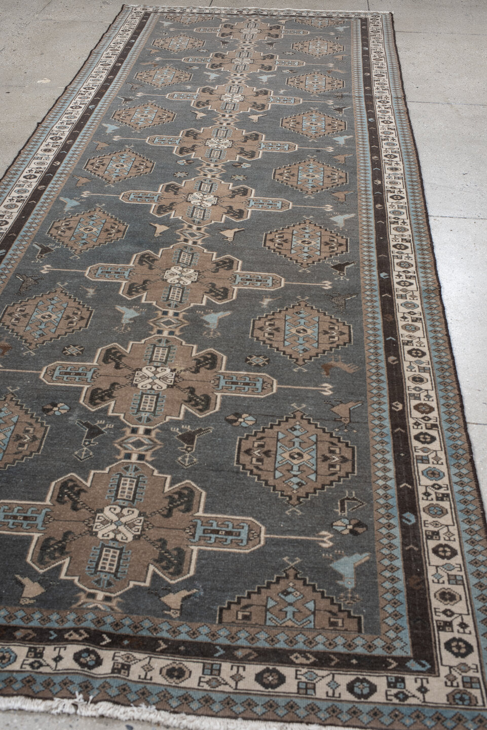 4' x 12' one-of-a-kind handmade vintage Malayer runner rug. Color palette: charcoal, taupe, ivory, sky blue, brown, slate