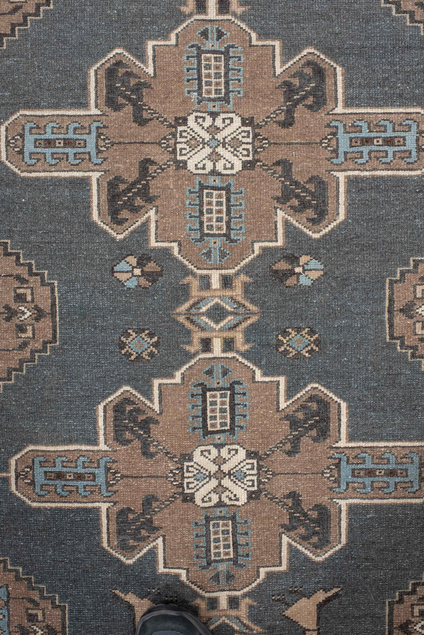 4' x 12' one-of-a-kind handmade vintage Malayer runner rug. Color palette: charcoal, taupe, ivory, sky blue, brown, slate