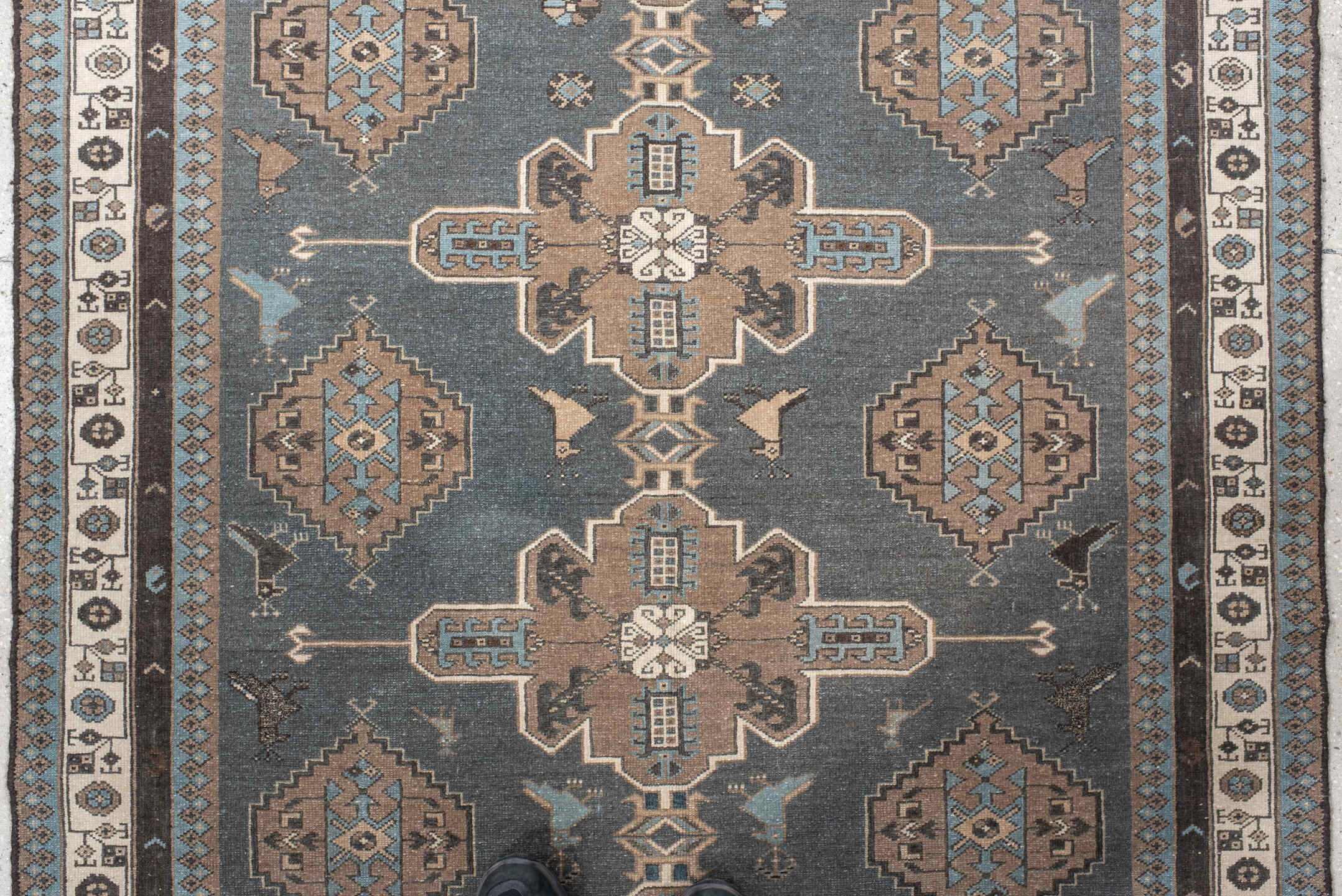 4' x 12' one-of-a-kind handmade vintage Malayer runner rug. Color palette: charcoal, taupe, ivory, sky blue, brown, slate