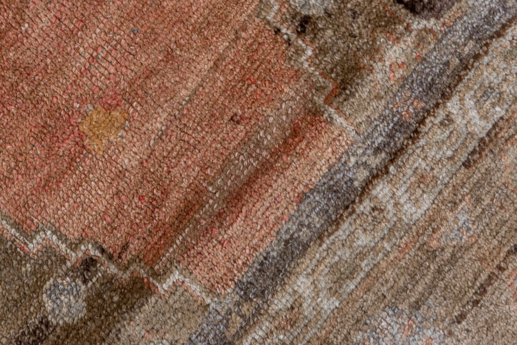 3' x 5' one-of-a-kind handmade vintage Oushak small size rug. Color palette: black, brown, gray, off-white, pink, snow