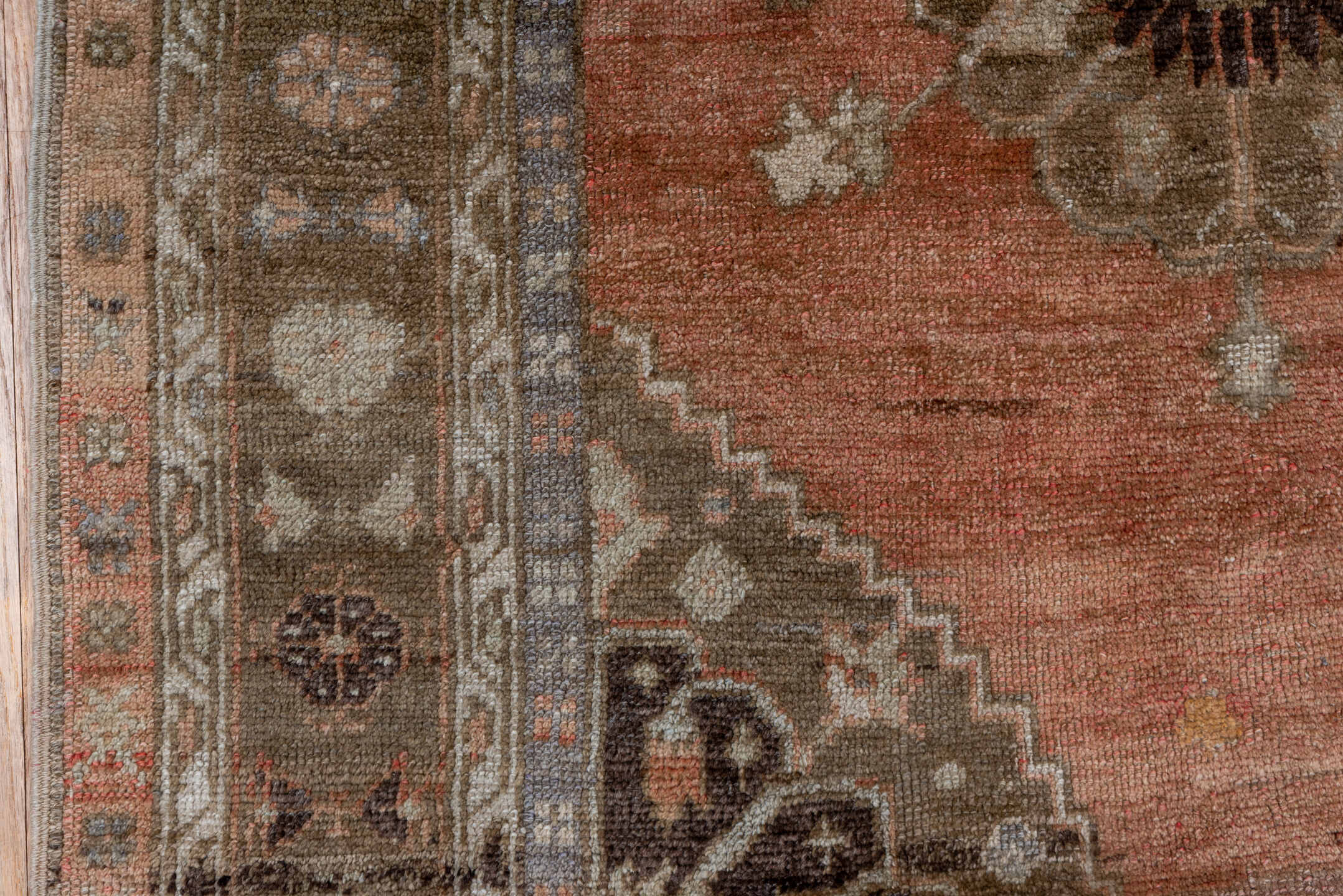 3' x 5' one-of-a-kind handmade vintage Oushak small size rug. Color palette: black, brown, gray, off-white, pink, snow