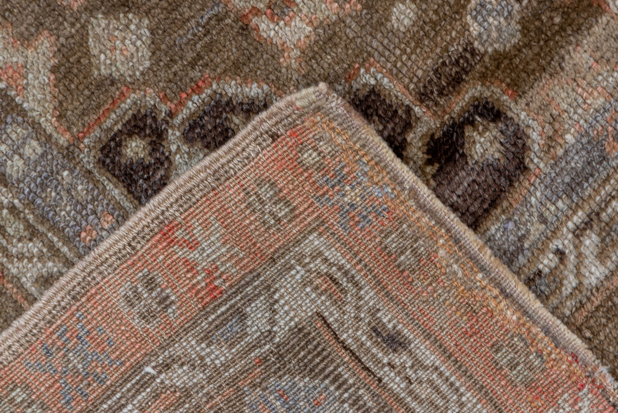 3' x 5' one-of-a-kind handmade vintage Oushak small size rug. Color palette: black, brown, gray, off-white, pink, snow