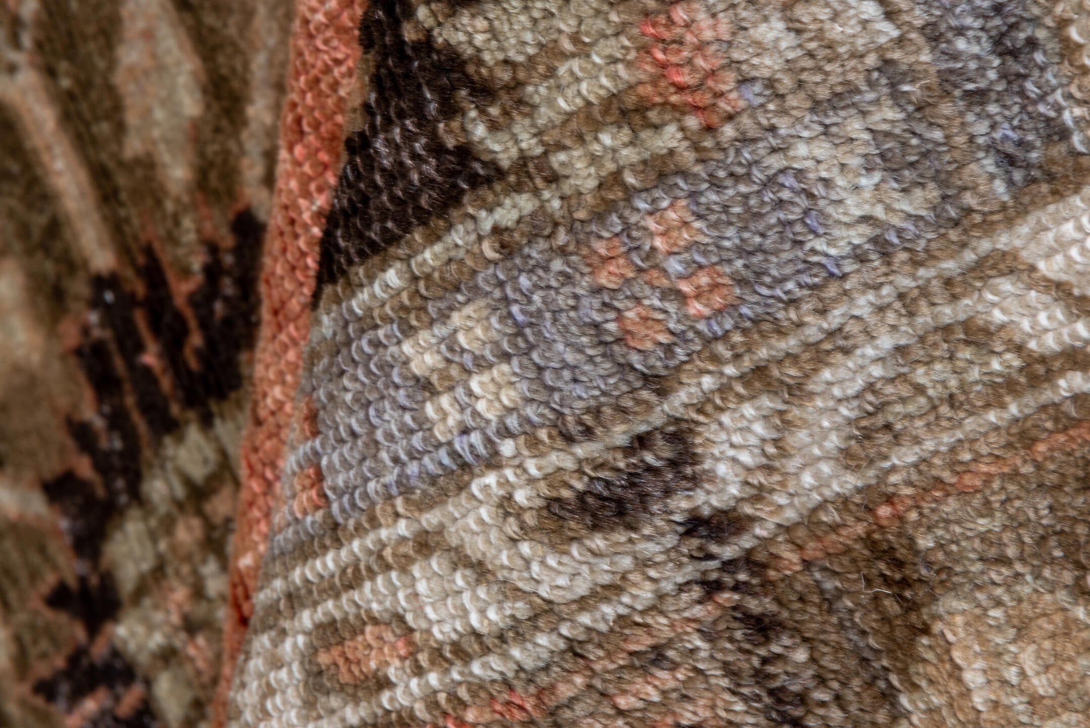 3' x 5' one-of-a-kind handmade vintage Oushak small size rug. Color palette: black, brown, gray, off-white, pink, snow