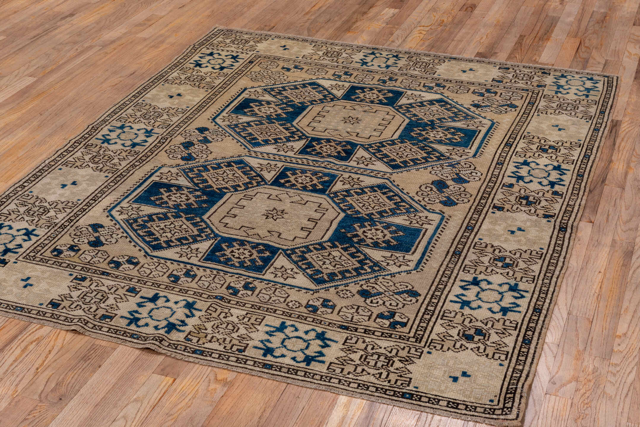 5' x 6' one-of-a-kind handmade vintage Oushak rug. Color palette: ivory, navy, taupe, charcoal, beige, blue, gray, black
