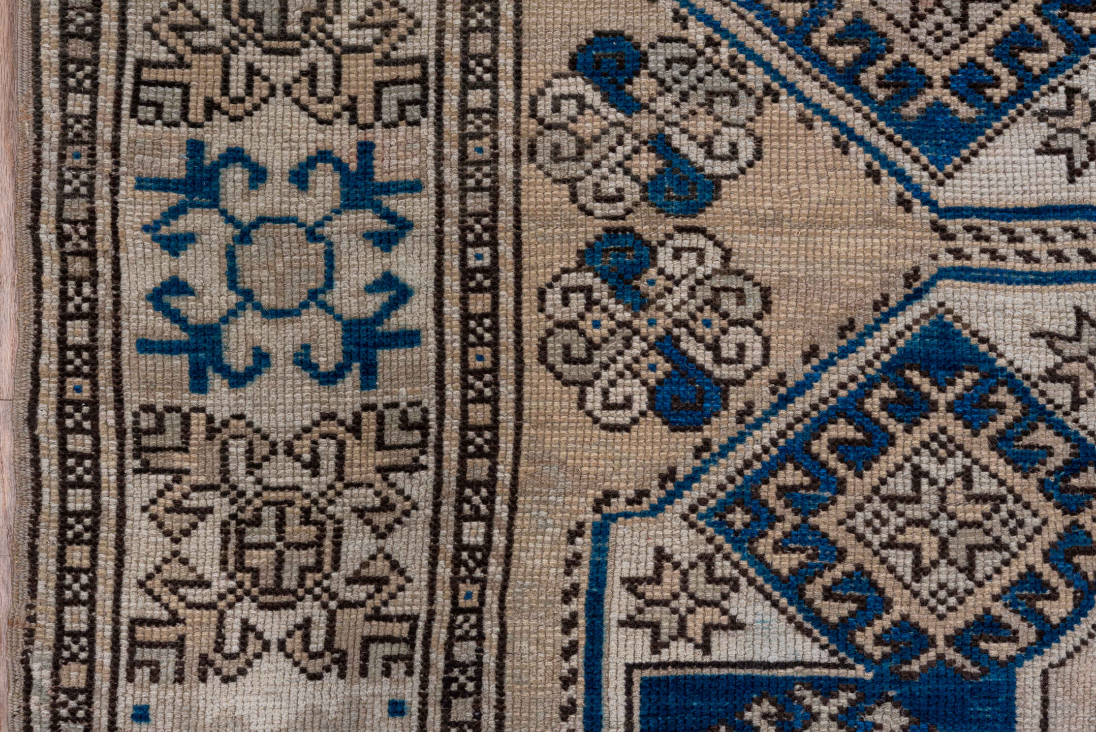 5' x 6' one-of-a-kind handmade vintage Oushak rug. Color palette: ivory, navy, taupe, charcoal, beige, blue, gray, black