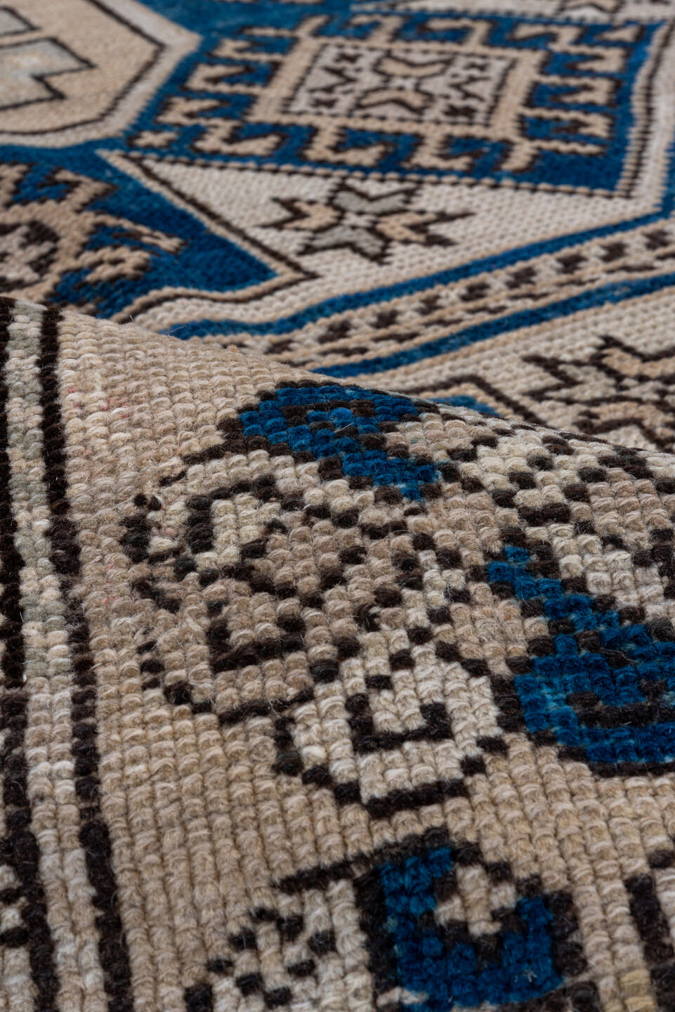 5' x 6' one-of-a-kind handmade vintage Oushak rug. Color palette: ivory, navy, taupe, charcoal, beige, blue, gray, black