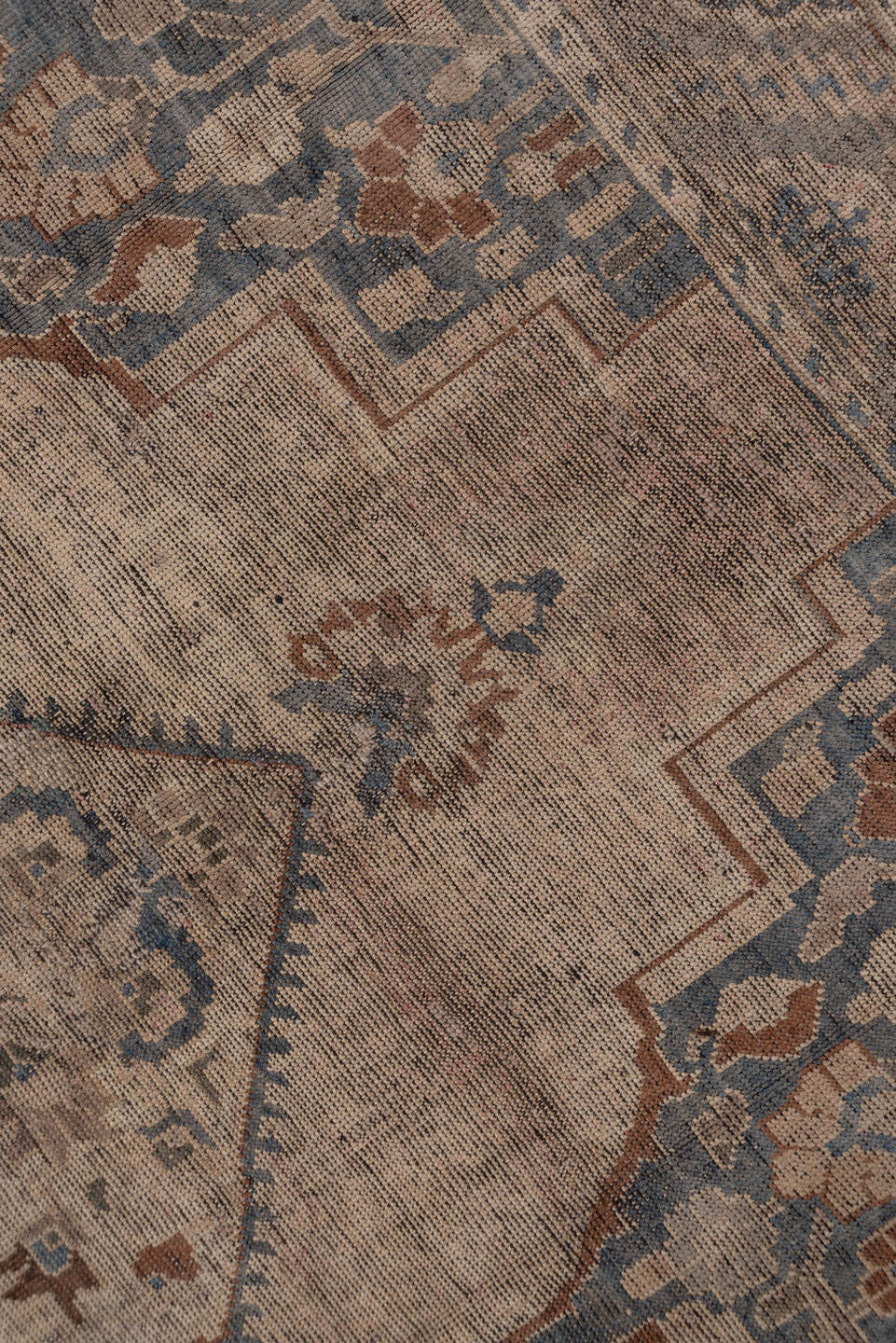 6' x 10' one-of-a-kind handmade vintage Oushak large size rug. Color palette: taupe, slate, ivory, camel, rust, blue, brown