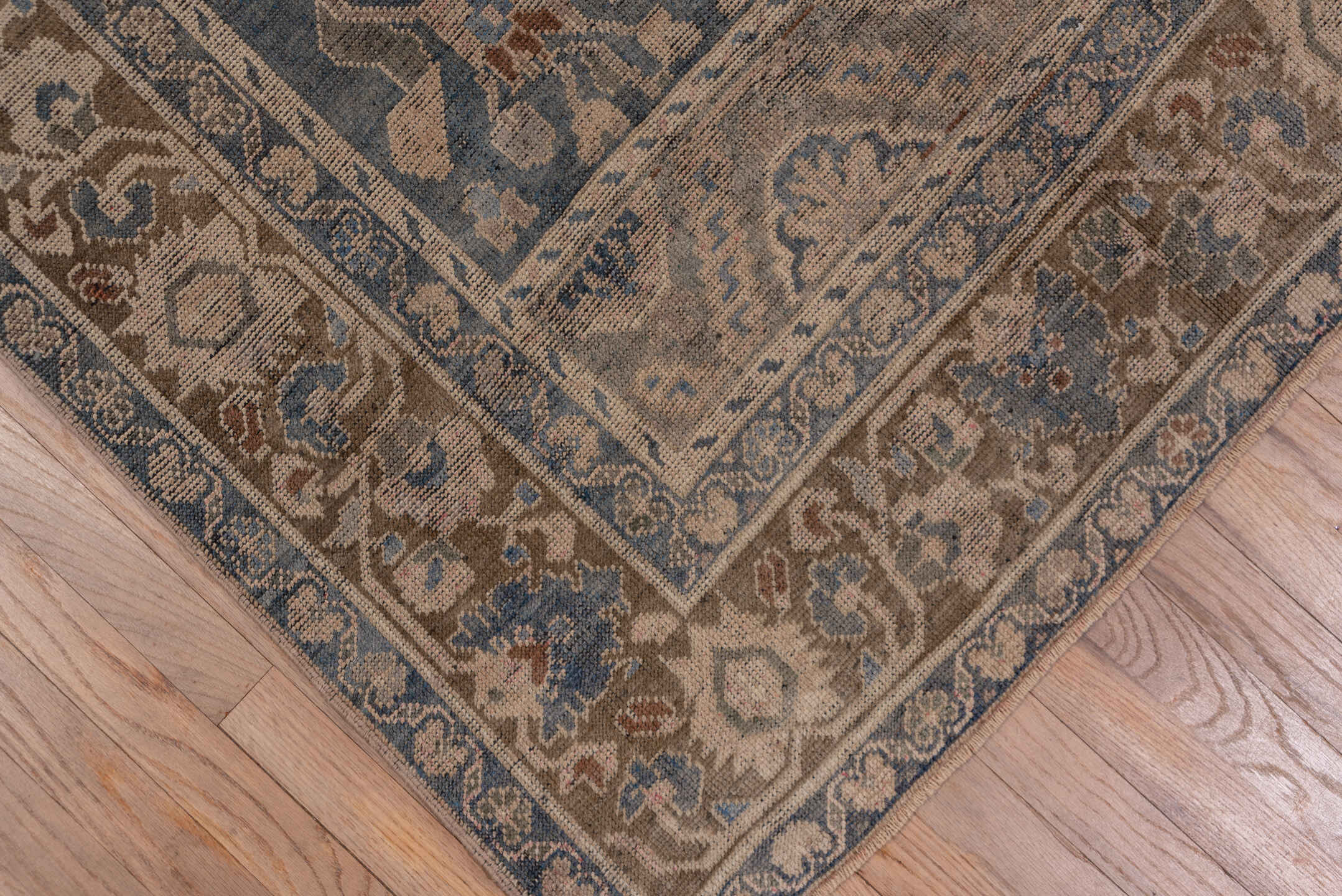6' x 10' one-of-a-kind handmade vintage Oushak large size rug. Color palette: taupe, slate, ivory, camel, rust, blue, brown