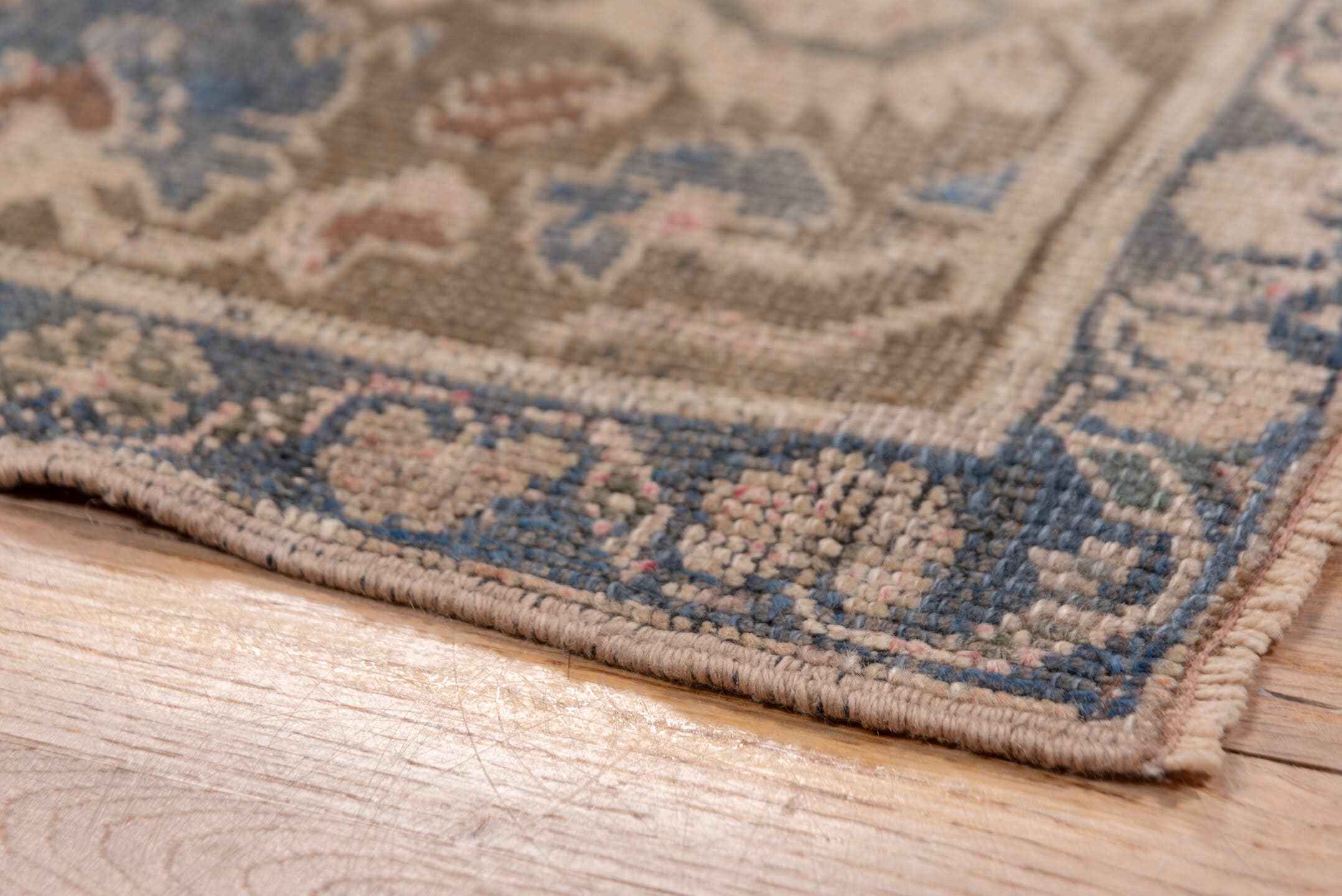 6' x 10' one-of-a-kind handmade vintage Oushak large size rug. Color palette: taupe, slate, ivory, camel, rust, blue, brown