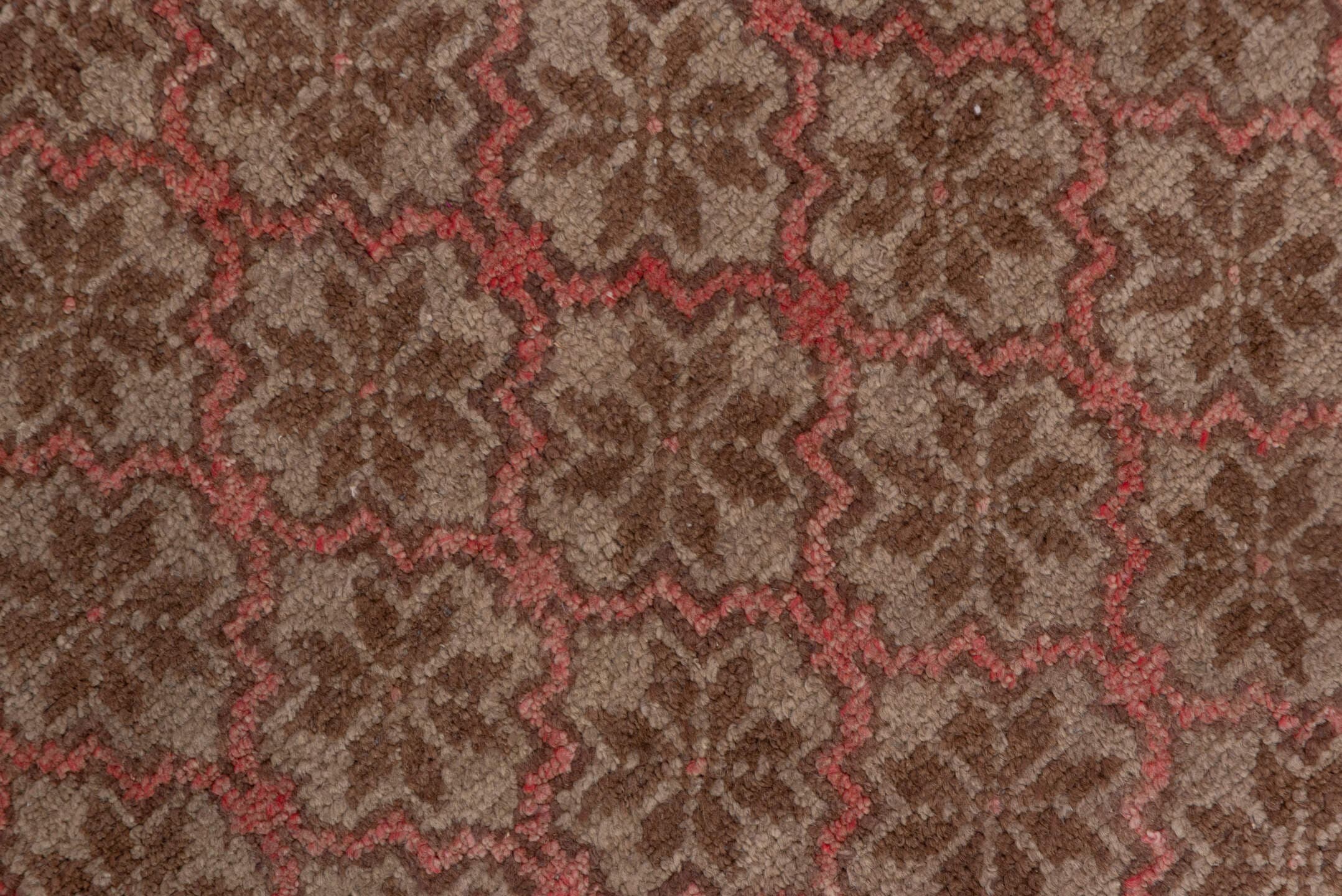 4' x 8' one-of-a-kind handmade vintage Oushak rug. Color palette: rose, taupe, dusty rose, brown, terracotta, pink, red