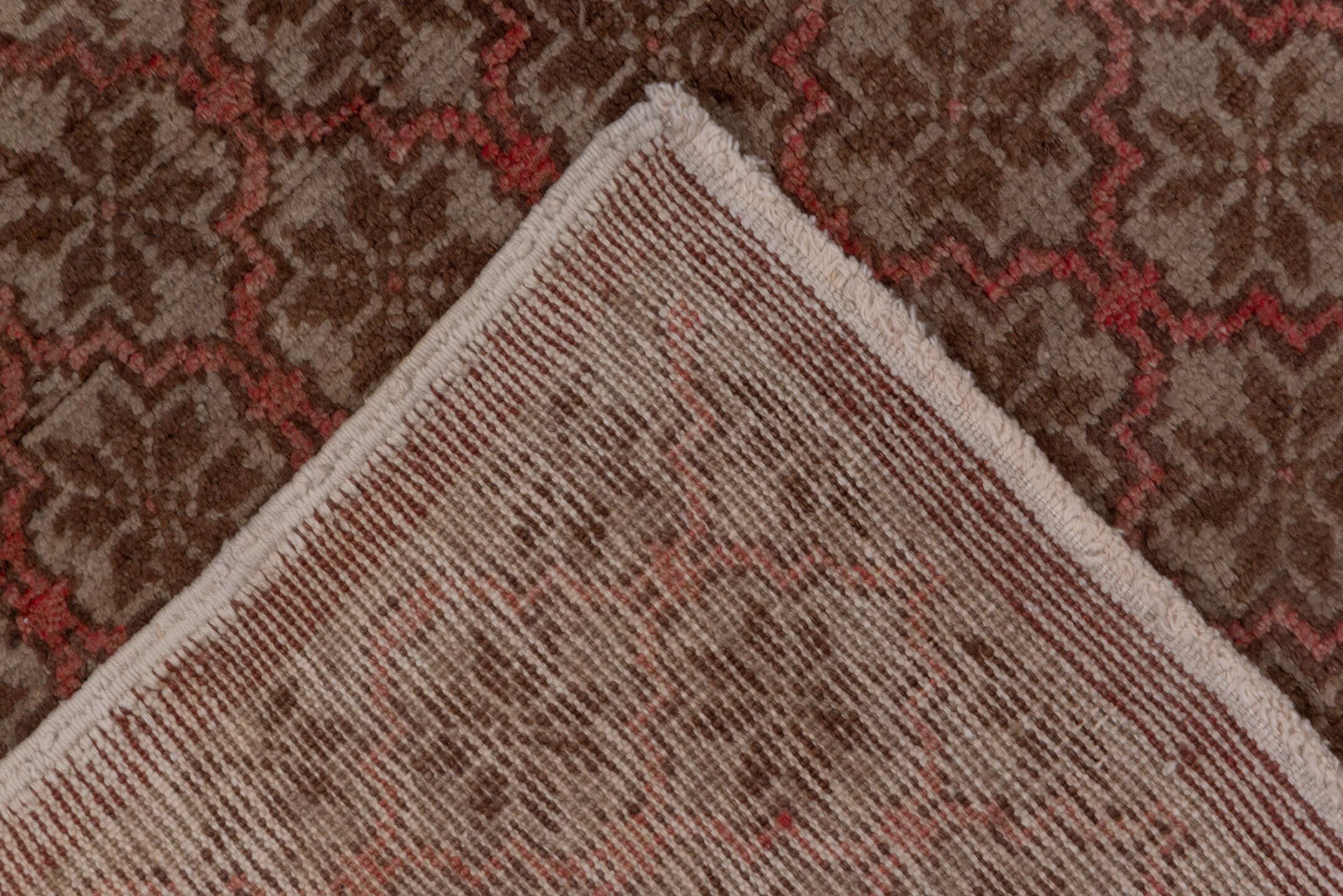 4' x 8' one-of-a-kind handmade vintage Oushak rug. Color palette: rose, taupe, dusty rose, brown, terracotta, pink, red