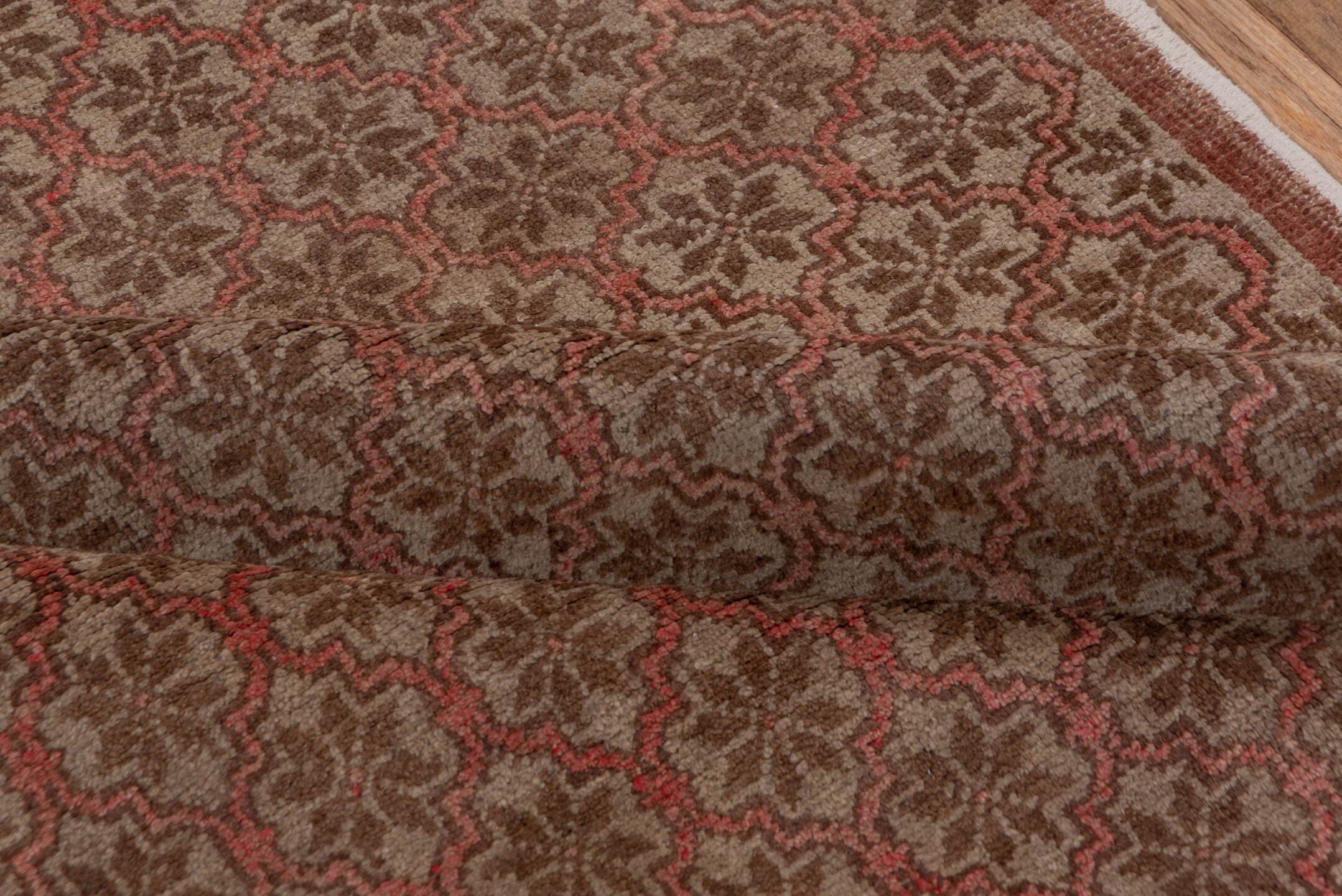 4' x 8' one-of-a-kind handmade vintage Oushak rug. Color palette: rose, taupe, dusty rose, brown, terracotta, pink, red