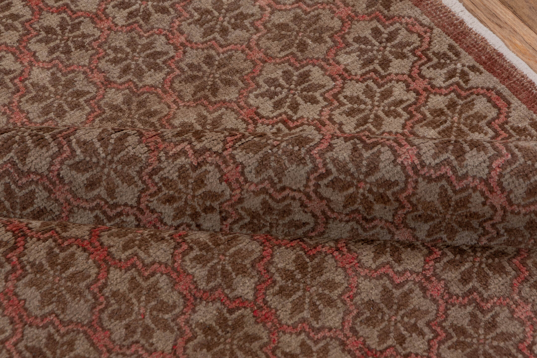 4' x 8' one-of-a-kind handmade vintage Oushak rug. Color palette: brown, gray, light gray, off-white, pink