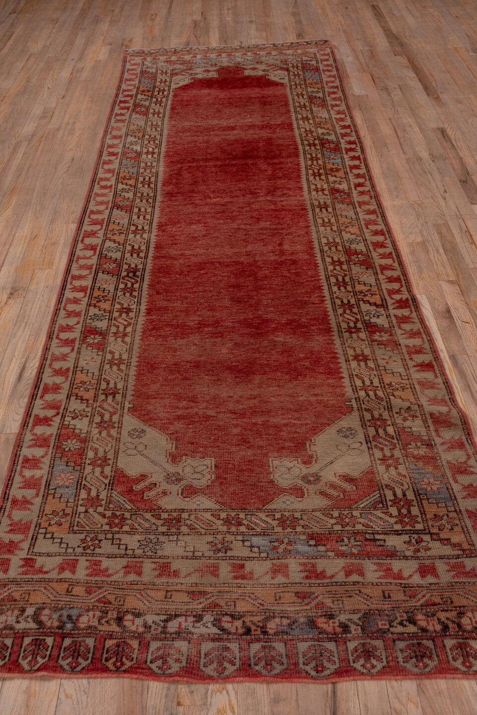 3' x 12' one-of-a-kind handmade vintage Oushak runner rug. Color palette: brown, gray, off-white, pink, red, snow, white