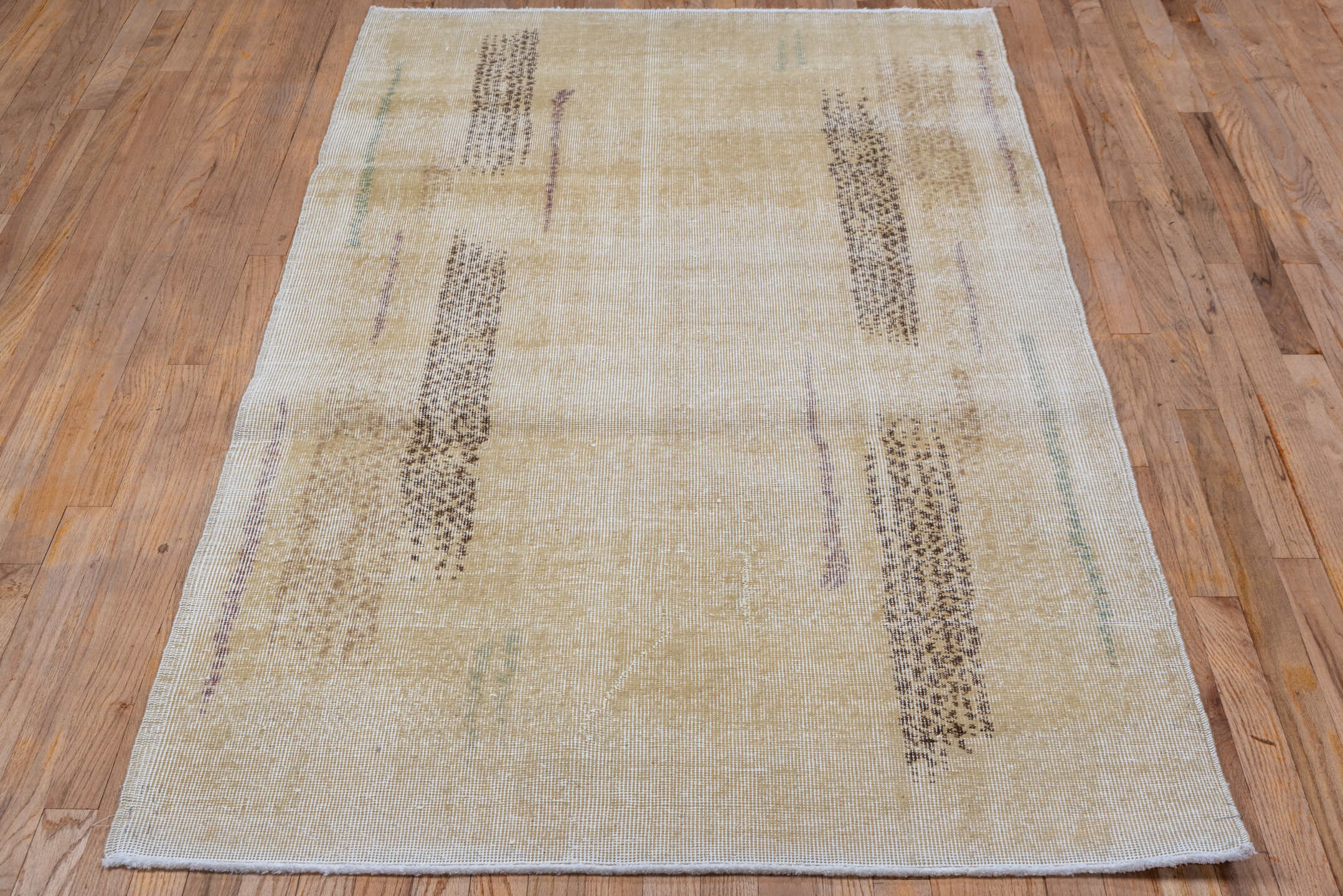 3' x 6' one-of-a-kind handmade vintage Oushak small size rug. Color palette: beige, ivory, taupe, brown, sage, lavender