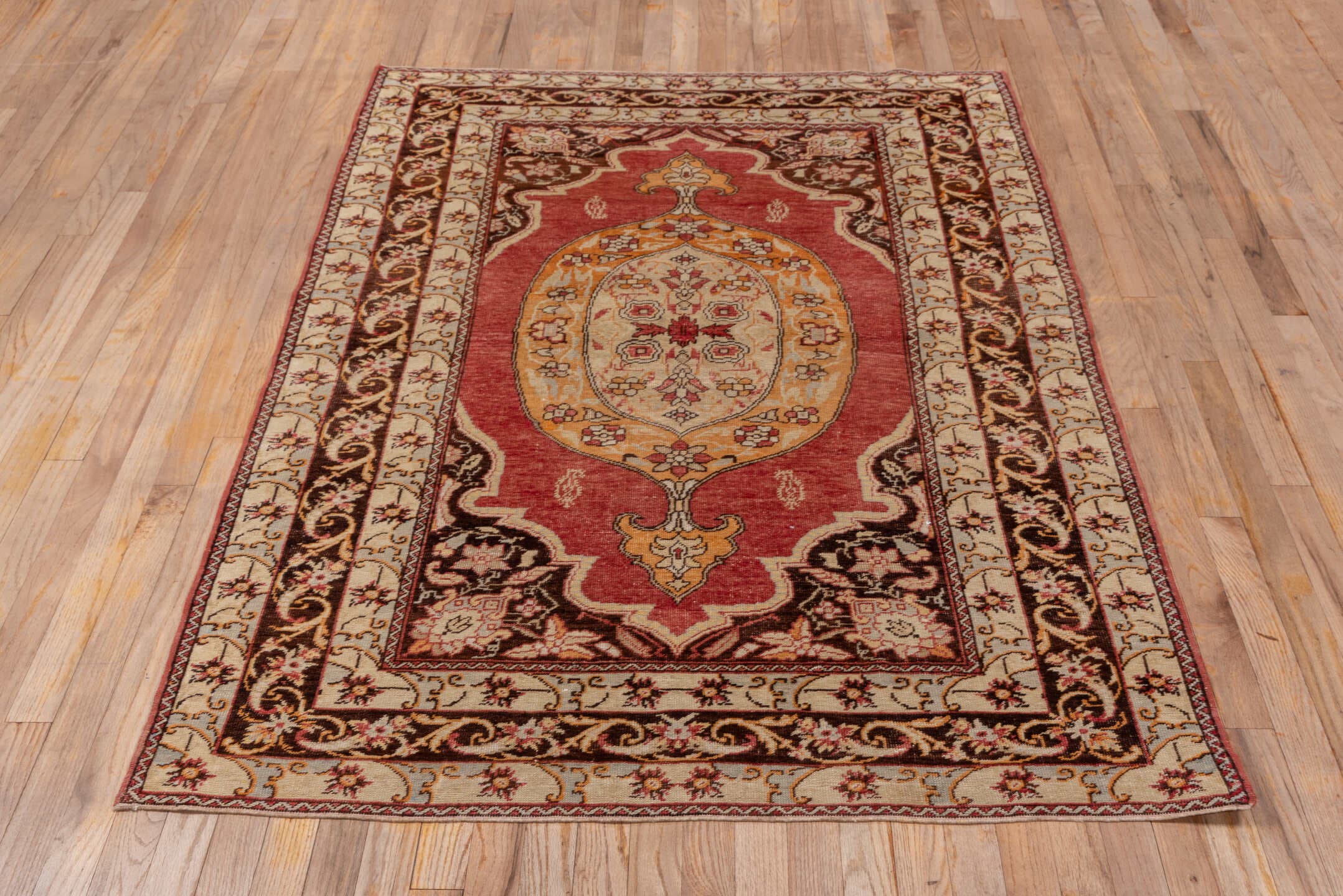 4' x 6' one-of-a-kind handmade vintage Oushak small size rug. Color palette: ivory, rust, burgundy, gold, brown, camel
