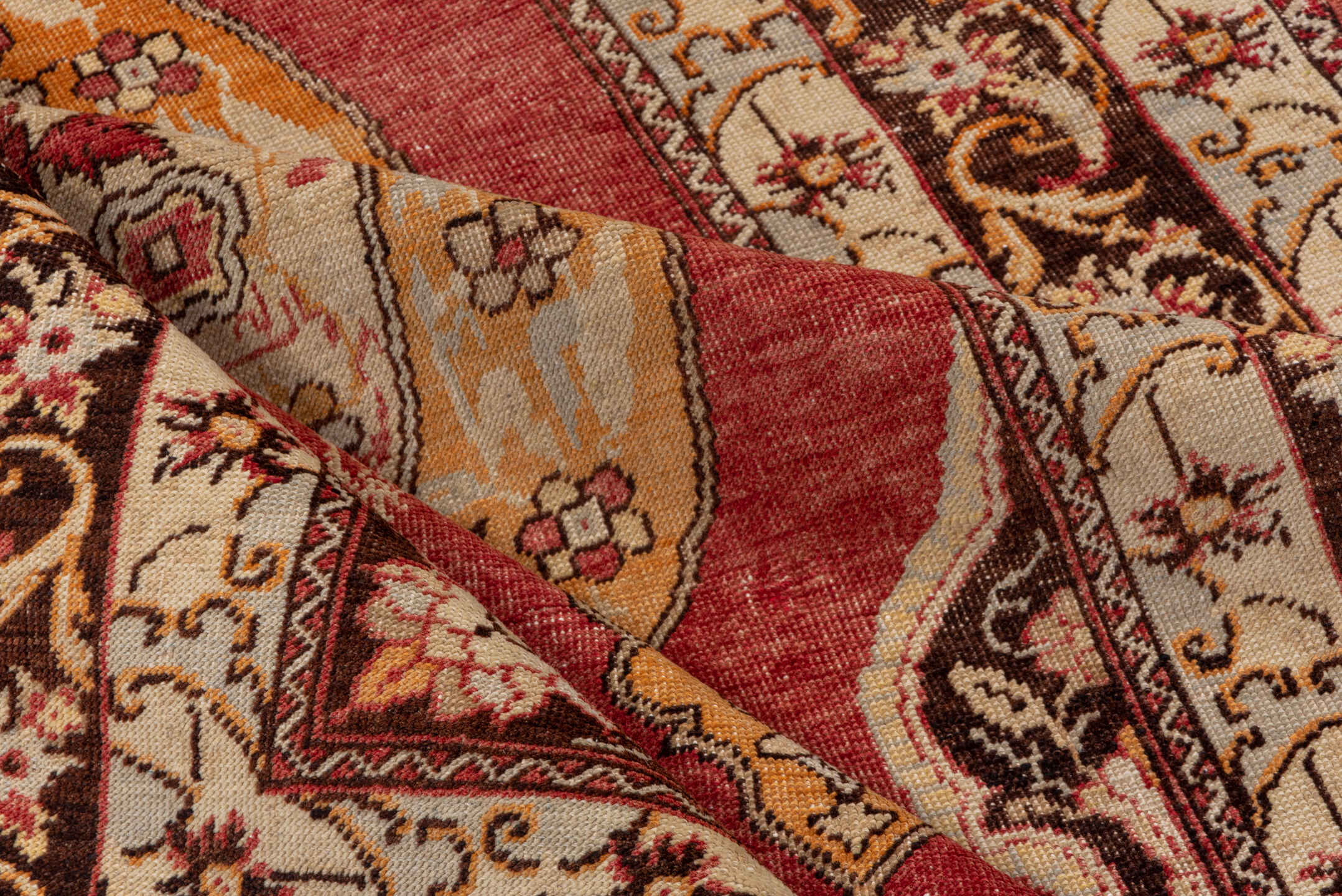 4' x 6' one-of-a-kind handmade vintage Oushak small size rug. Color palette: ivory, rust, burgundy, gold, brown, camel