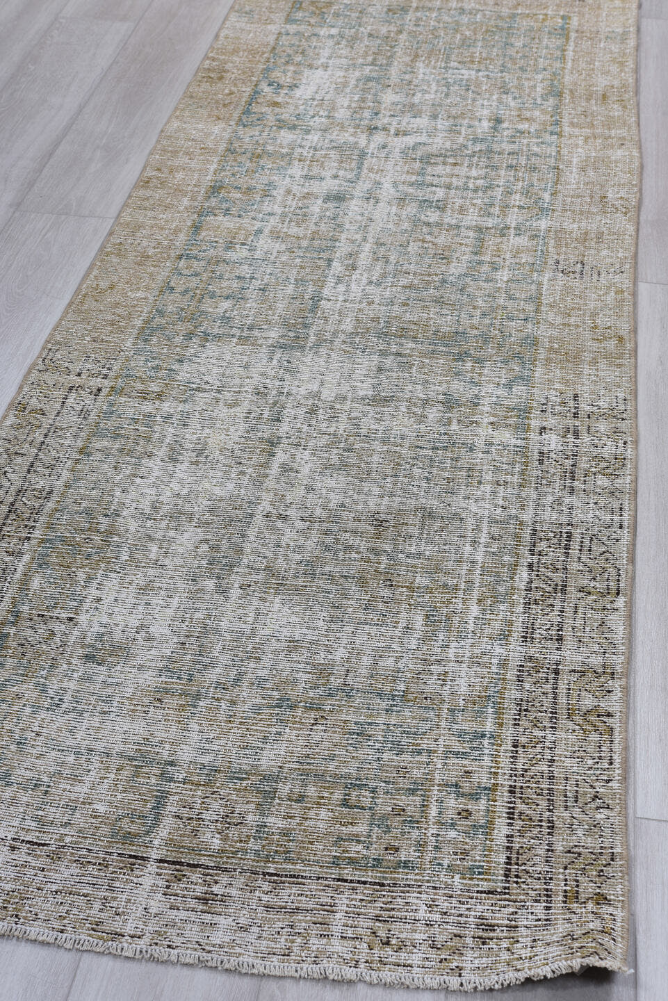 3' x 9' one-of-a-kind handmade vintage Malayer runner rug. Color palette: taupe, ivory, gray, slate, beige