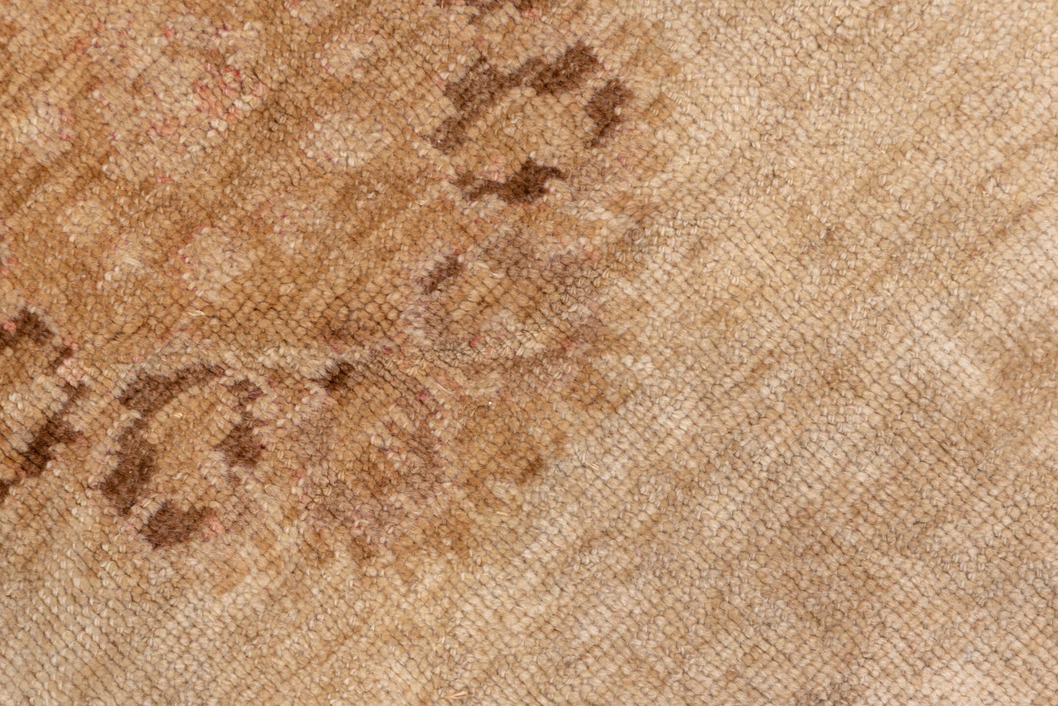 7' x 9' one-of-a-kind handmade vintage Oushak rug. Color palette: camel, ivory, taupe, beige, tan, brown, gray