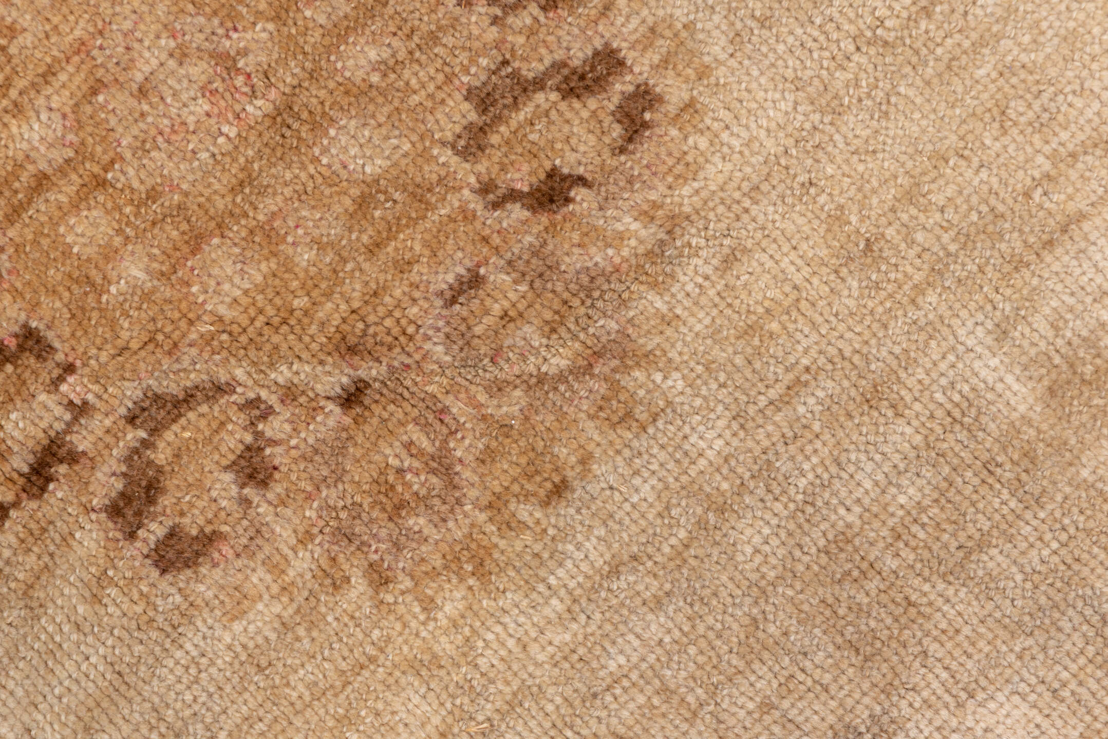 7' x 9' one-of-a-kind handmade vintage Oushak rug. Color palette: camel, ivory, taupe, beige, tan, brown, gray