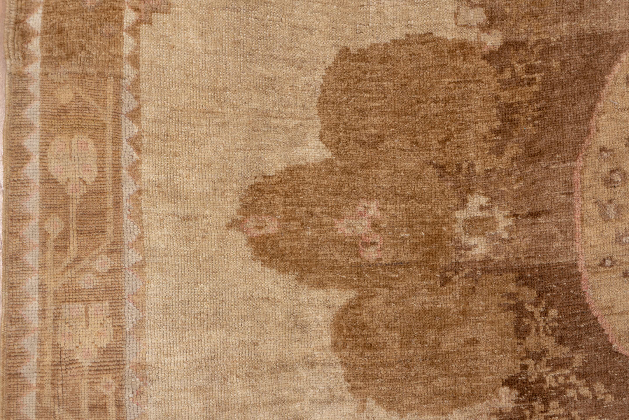 7' x 9' one-of-a-kind handmade vintage Oushak rug. Color palette: camel, ivory, taupe, beige, tan, brown, gray