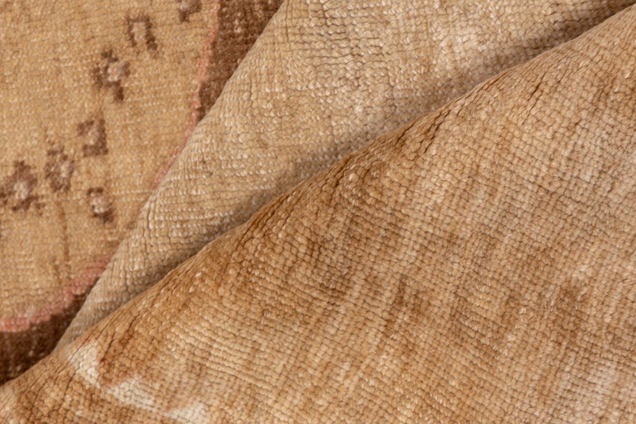 7' x 9' one-of-a-kind handmade vintage Oushak rug. Color palette: camel, ivory, taupe, beige, tan, brown, gray