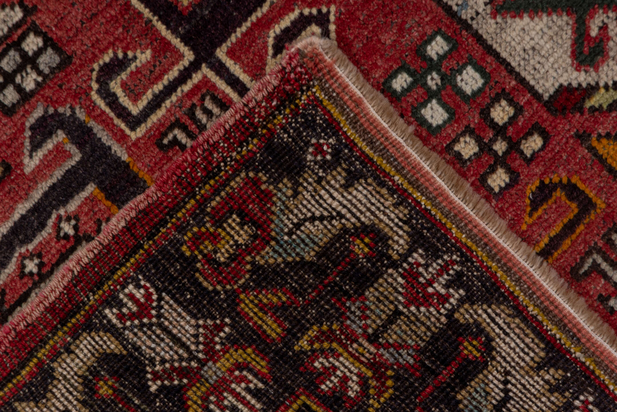 5' x 10' one-of-a-kind handmade vintage Oushak runner rug. Color palette: brown, gray, pink, red, redwood