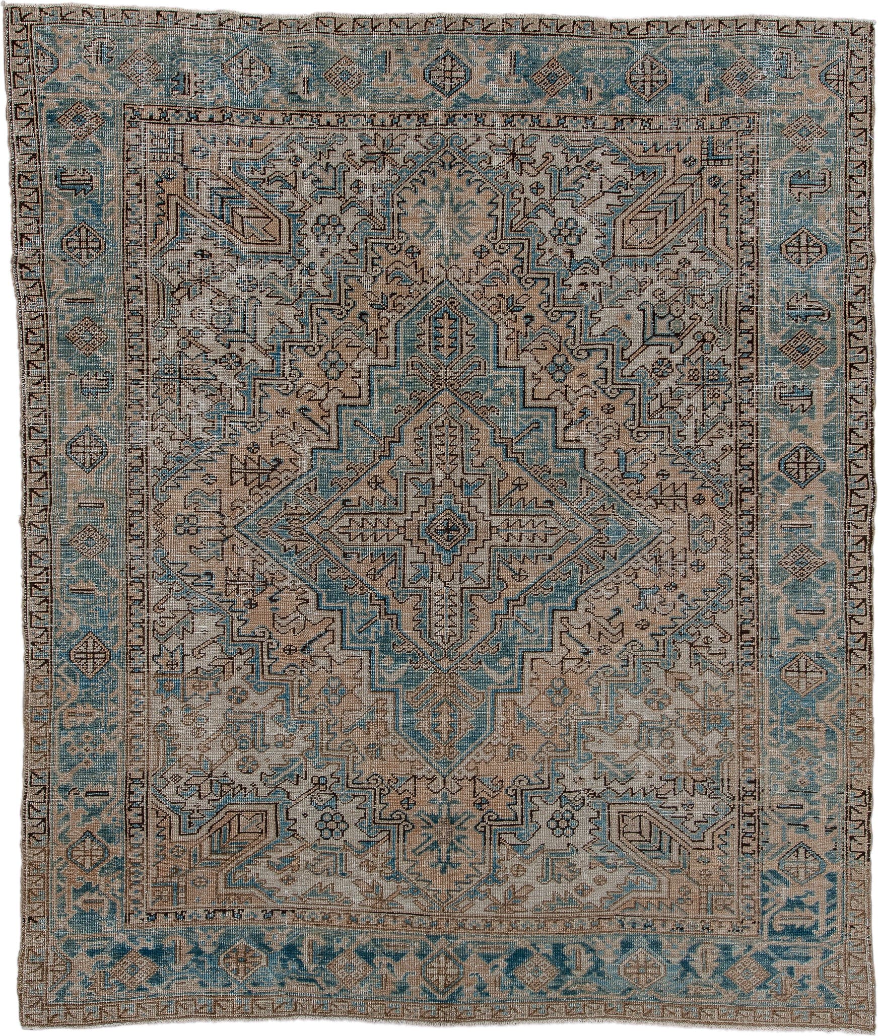 6' x 8' one-of-a-kind handmade antique Heriz medium size rug. Color palette: ivory, sky blue, taupe, brown, camel, charcoal