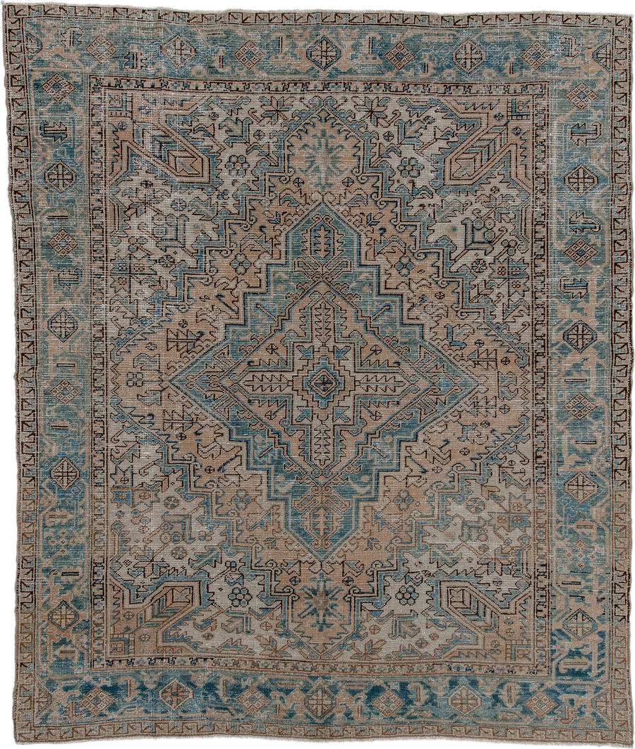 6' x 8' one-of-a-kind handmade antique Heriz medium size rug. Color palette: ivory, sky blue, taupe, brown, camel, charcoal