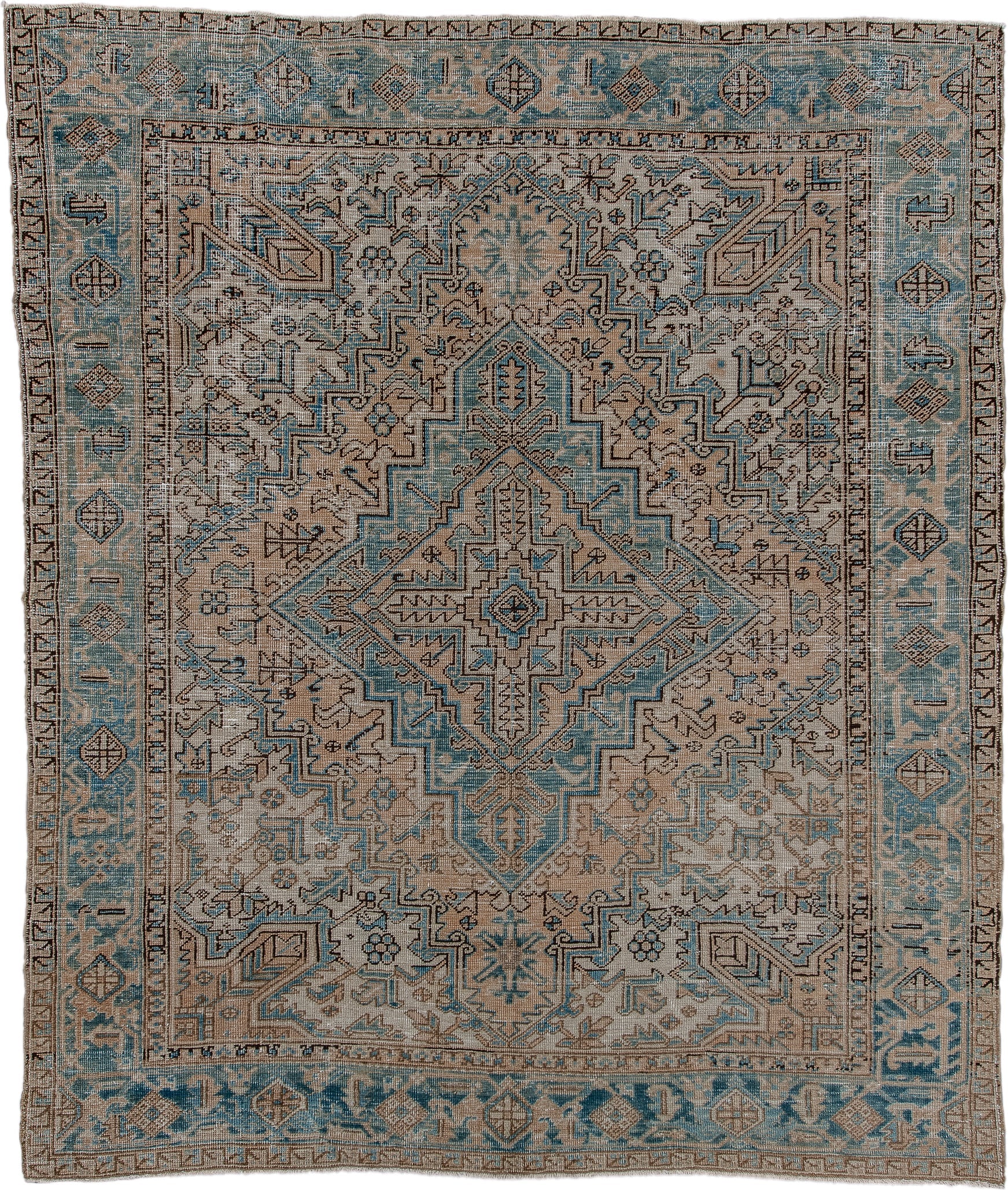 6' x 8' one-of-a-kind handmade antique Heriz medium size rug. Color palette: ivory, sky blue, taupe, brown, camel, charcoal
