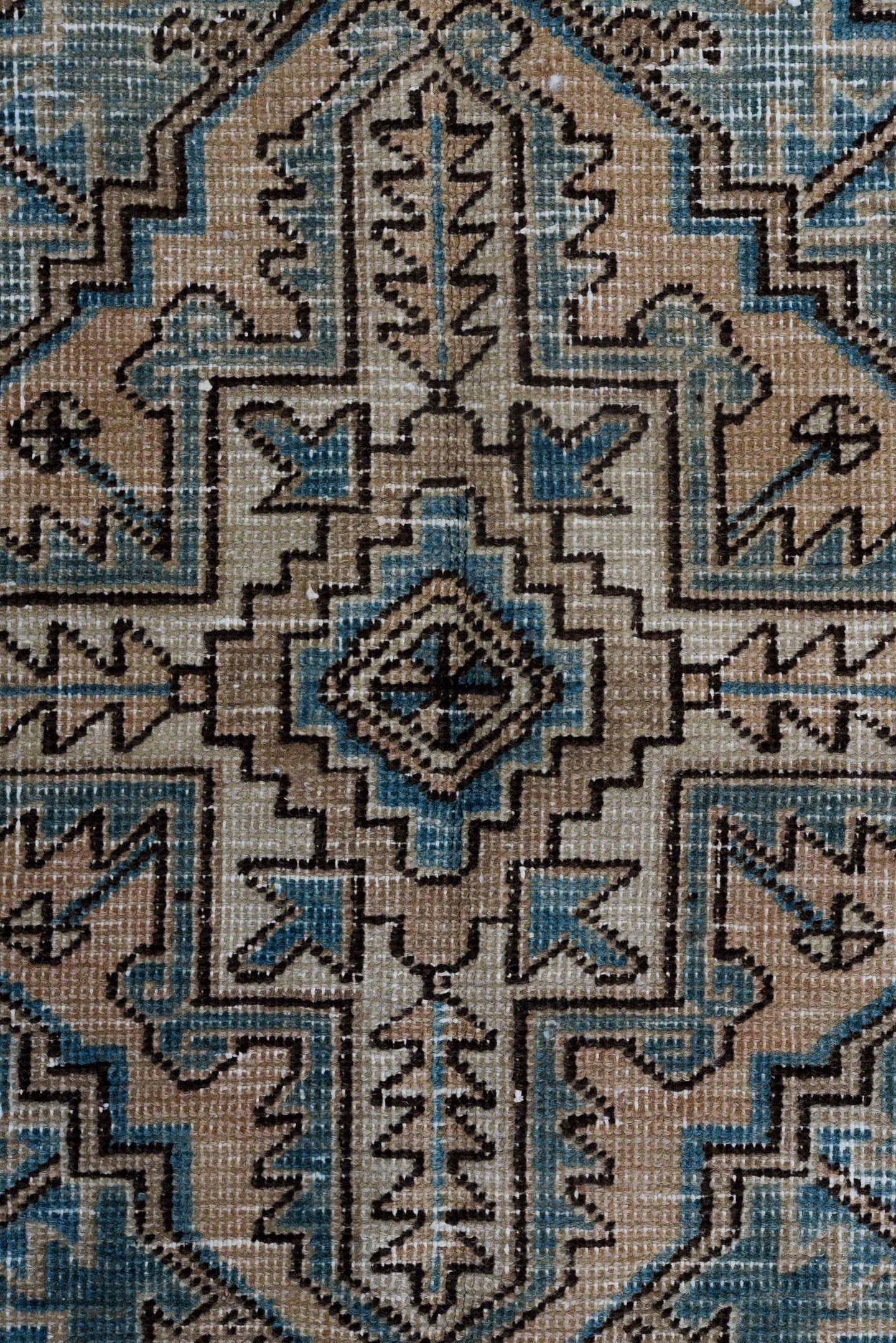 6' x 8' one-of-a-kind handmade antique Heriz medium size rug. Color palette: ivory, sky blue, taupe, brown, camel, charcoal