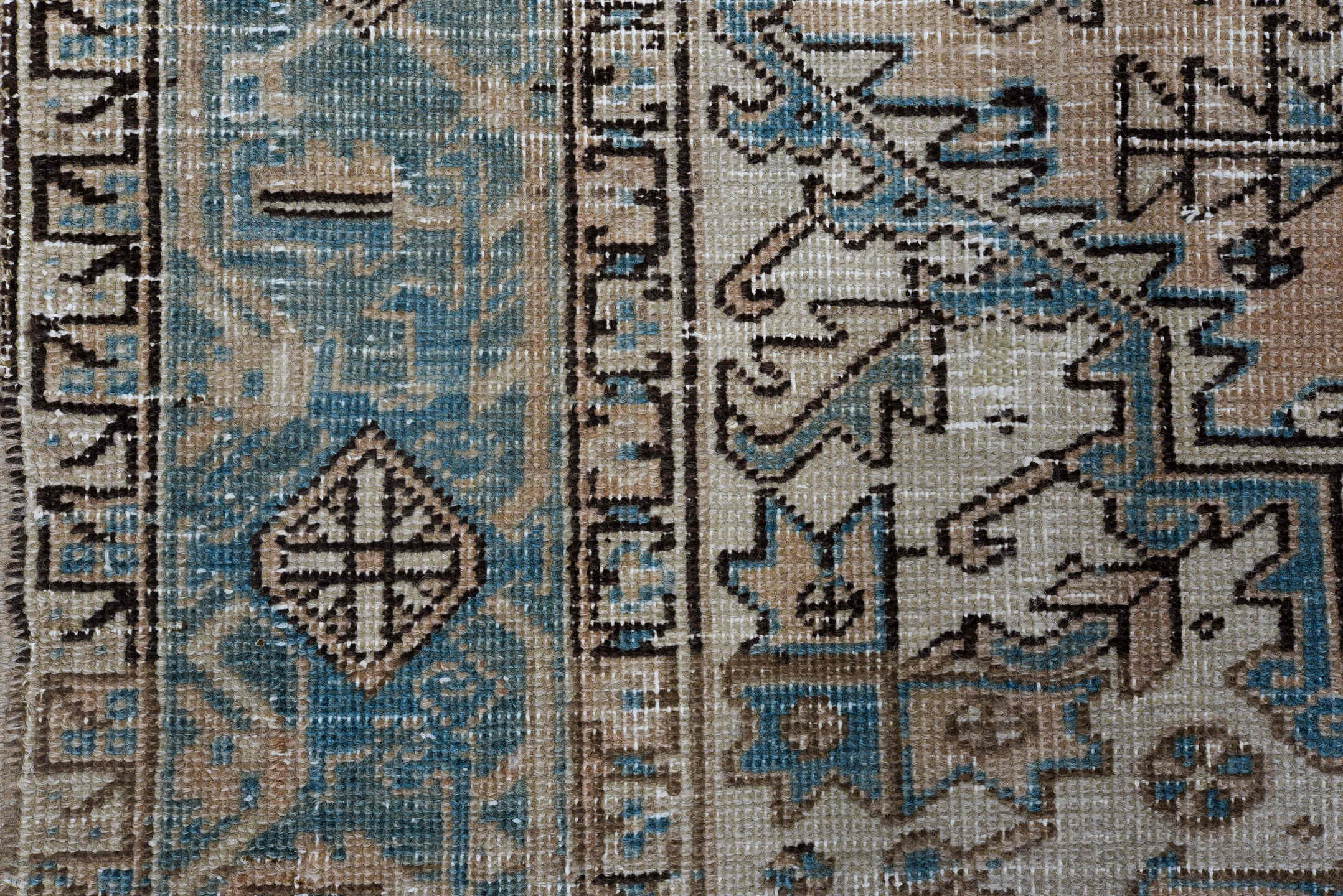 6' x 8' one-of-a-kind handmade antique Heriz medium size rug. Color palette: ivory, sky blue, taupe, brown, camel, charcoal