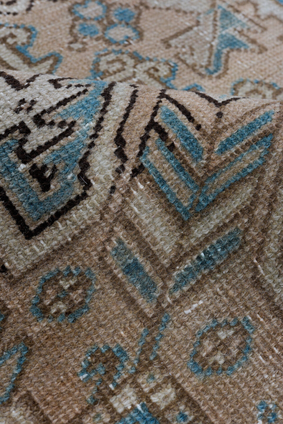 6' x 8' one-of-a-kind handmade antique Heriz medium size rug. Color palette: ivory, sky blue, taupe, brown, camel, charcoal