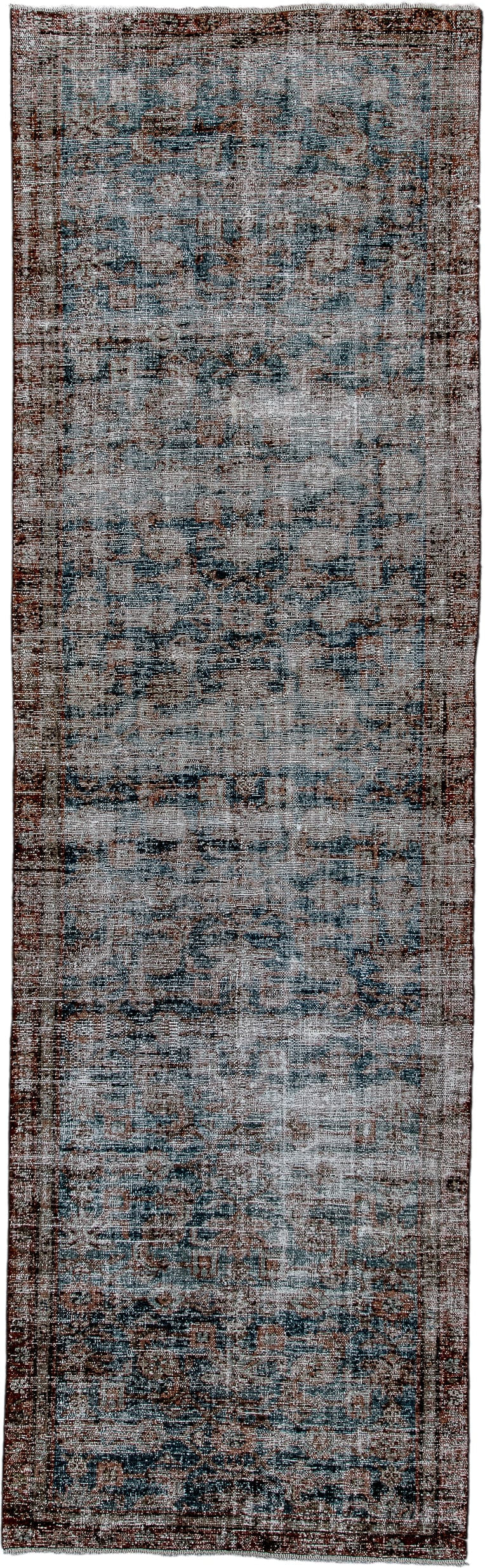 2' x 9' one-of-a-kind handmade vintage Malayer runner rug. Color palette: blue, brown, rust, ivory, charcoal, taupe