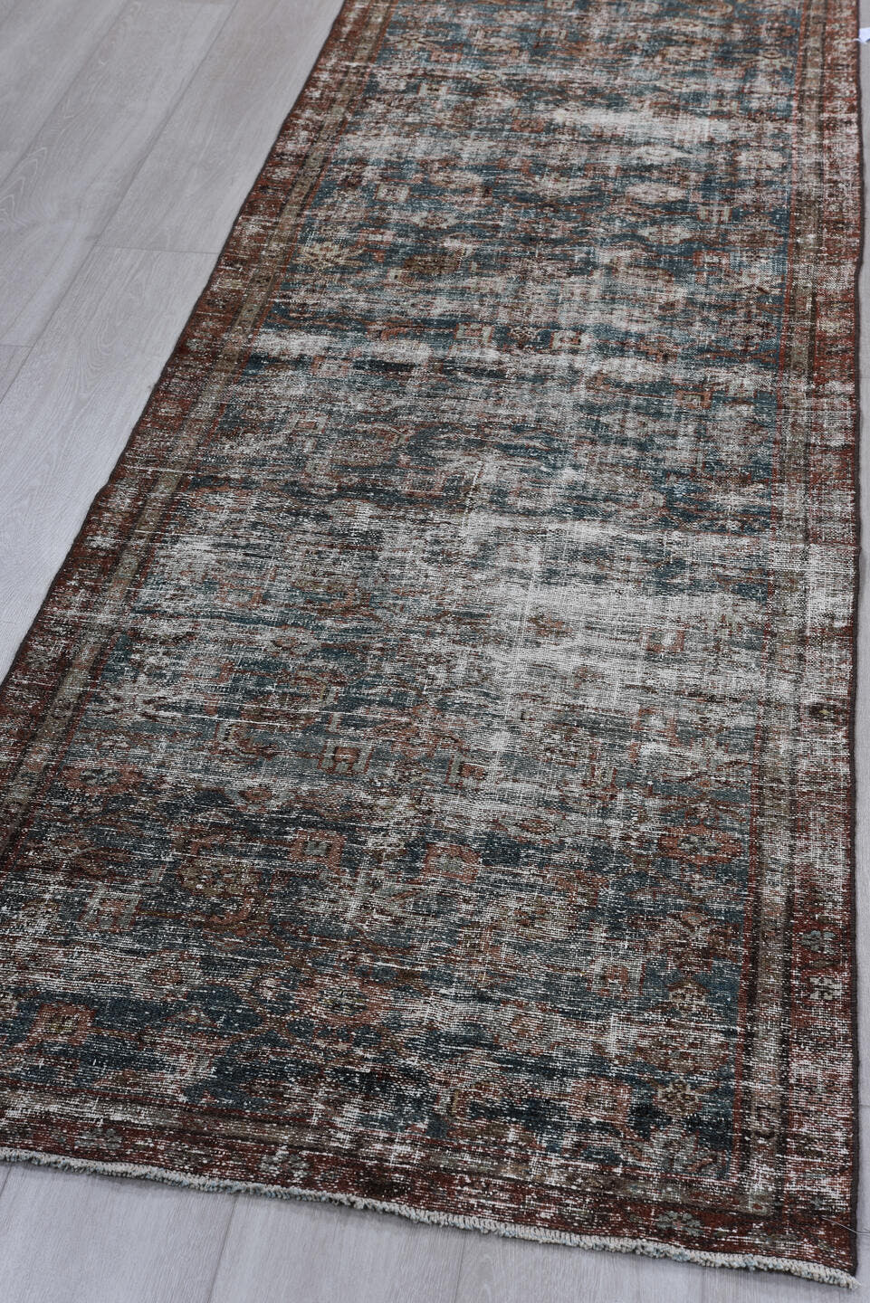 2' x 9' one-of-a-kind handmade vintage Malayer runner rug. Color palette: blue, brown, rust, ivory, charcoal, taupe